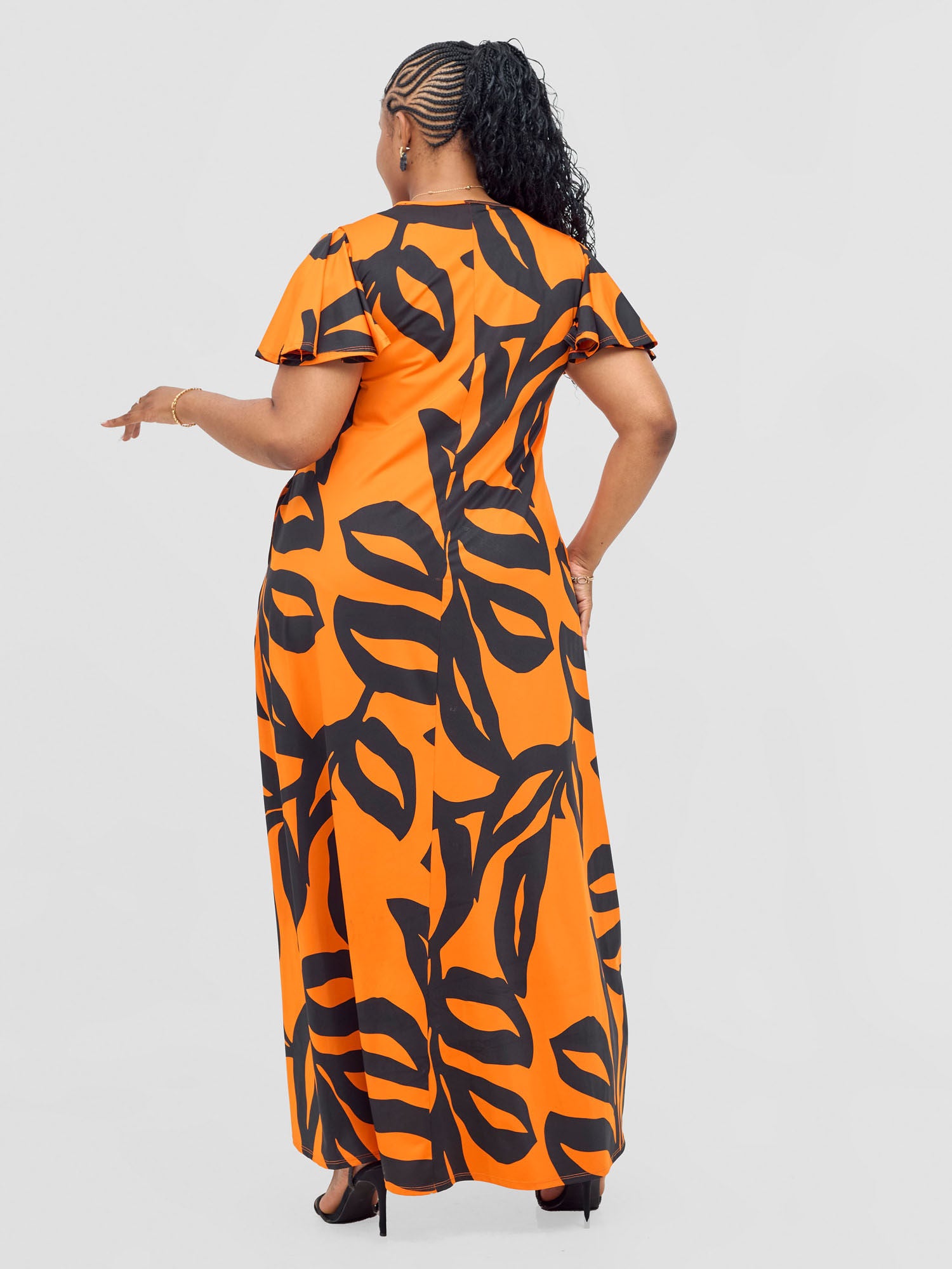 Vivo Ruwa Flounce Sleeve Tent Maxi Dress - Orange / Black Sese Print