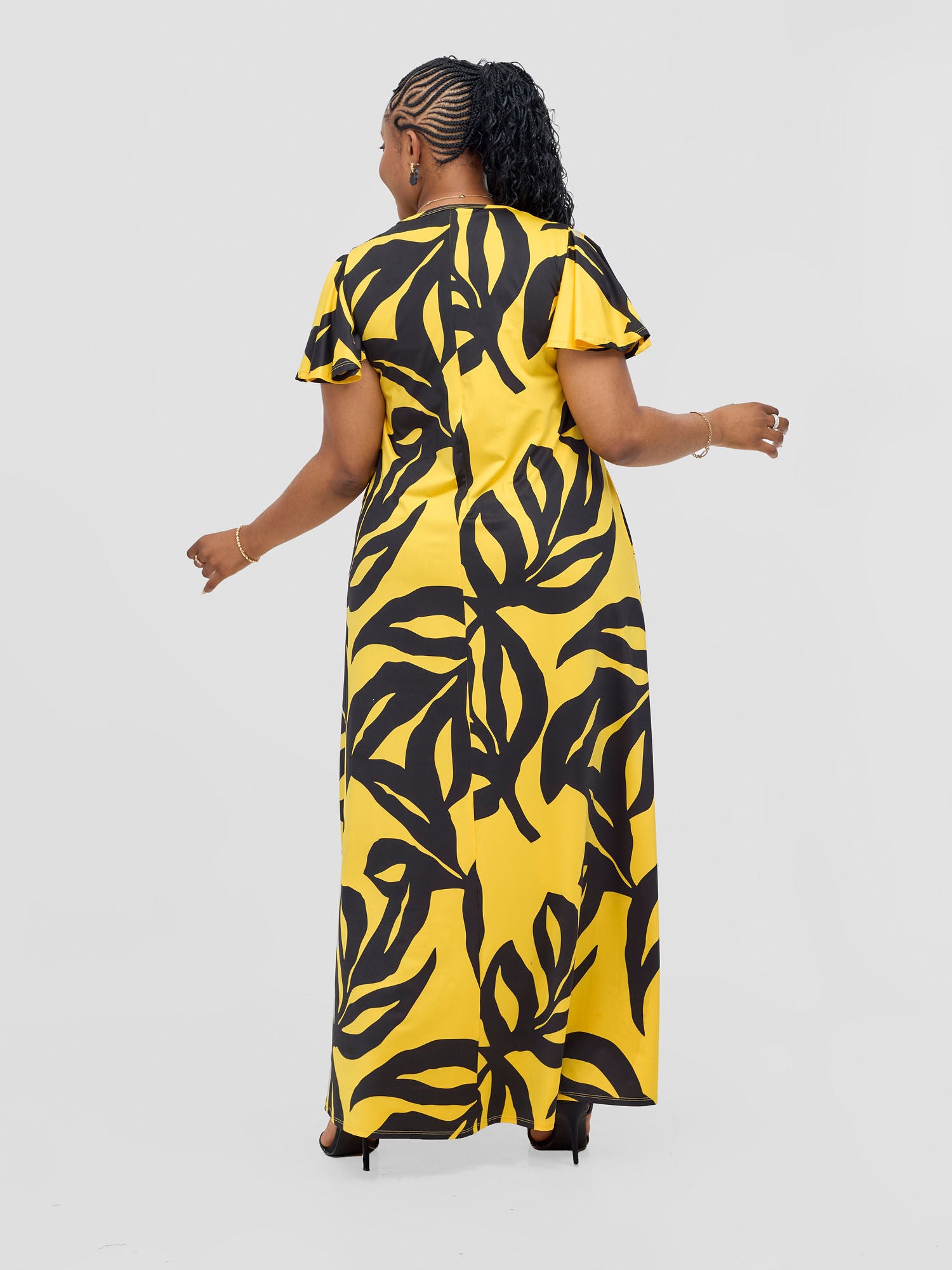 Vivo Ruwa Flounce Sleeve Tent Maxi Dress - Mustard / Black Sese Print