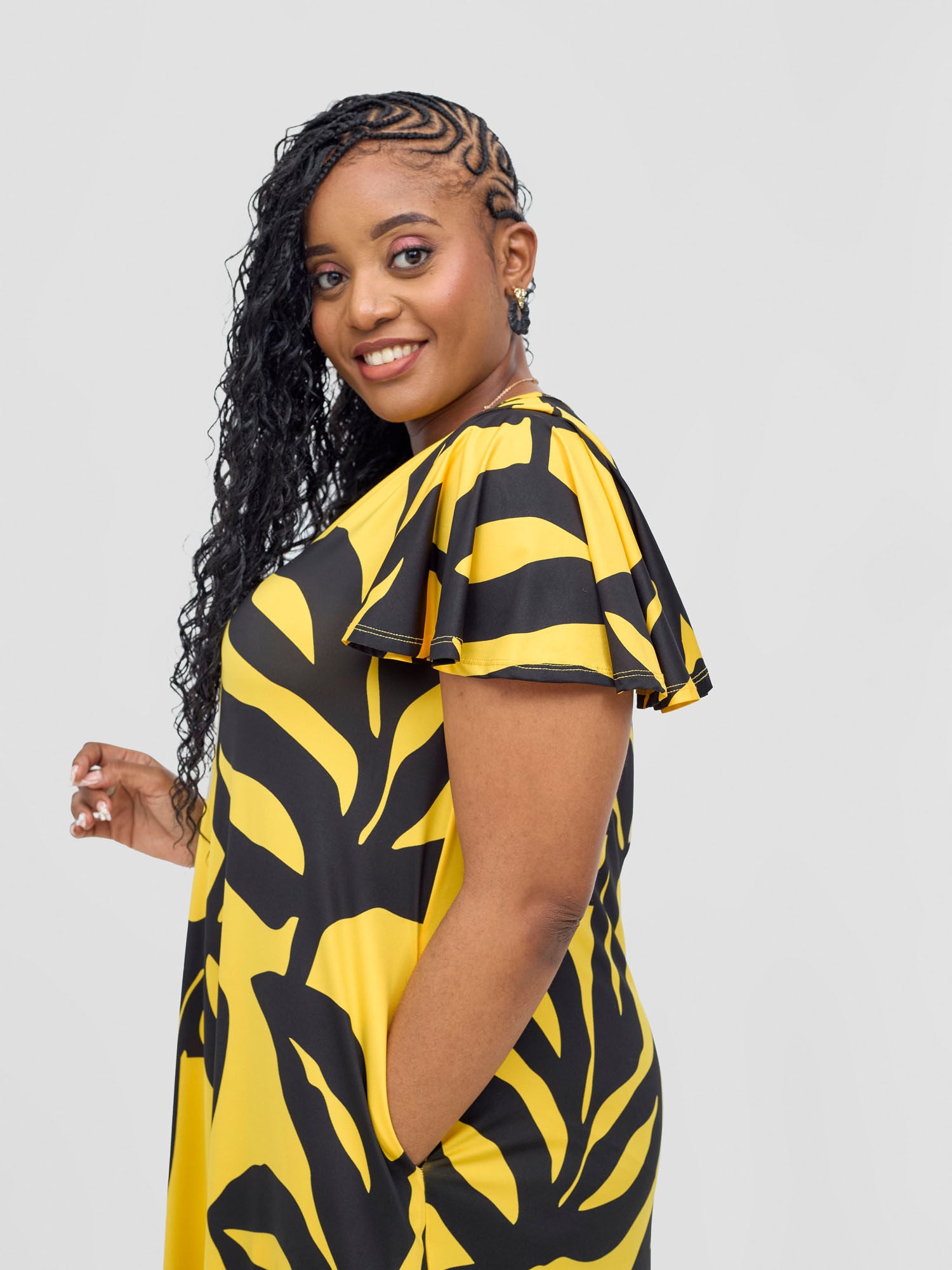 Vivo Ruwa Flounce Sleeve Tent Maxi Dress - Mustard / Black Sese Print