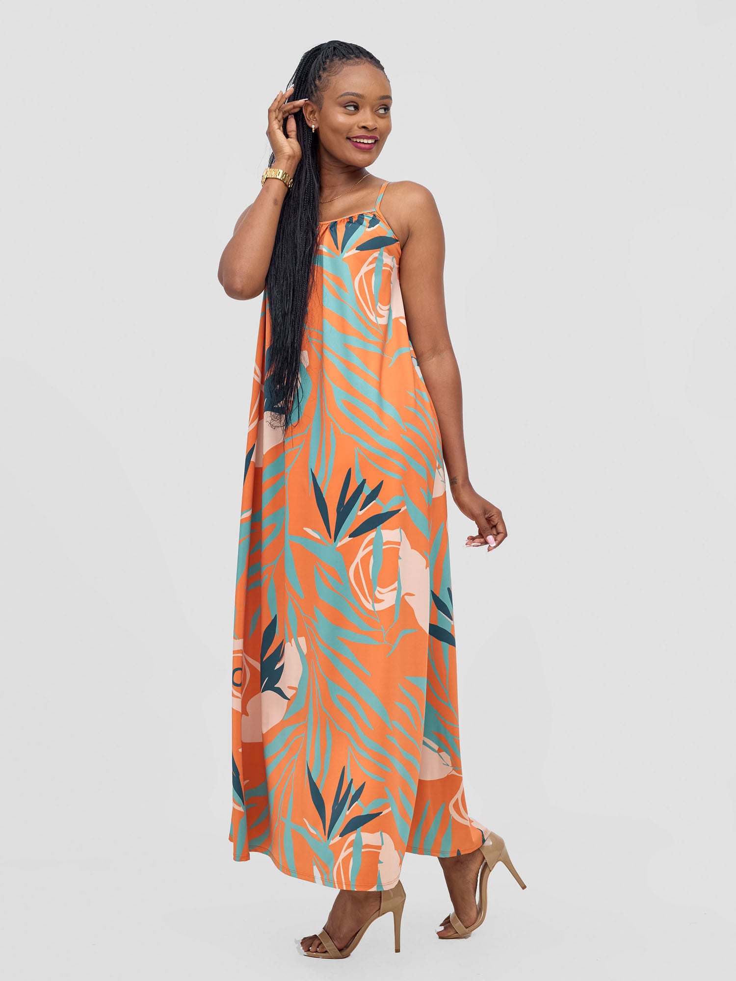 Vivo Sarabi Strappy Low Back Maxi Dress - Orange / Teal Deza Print