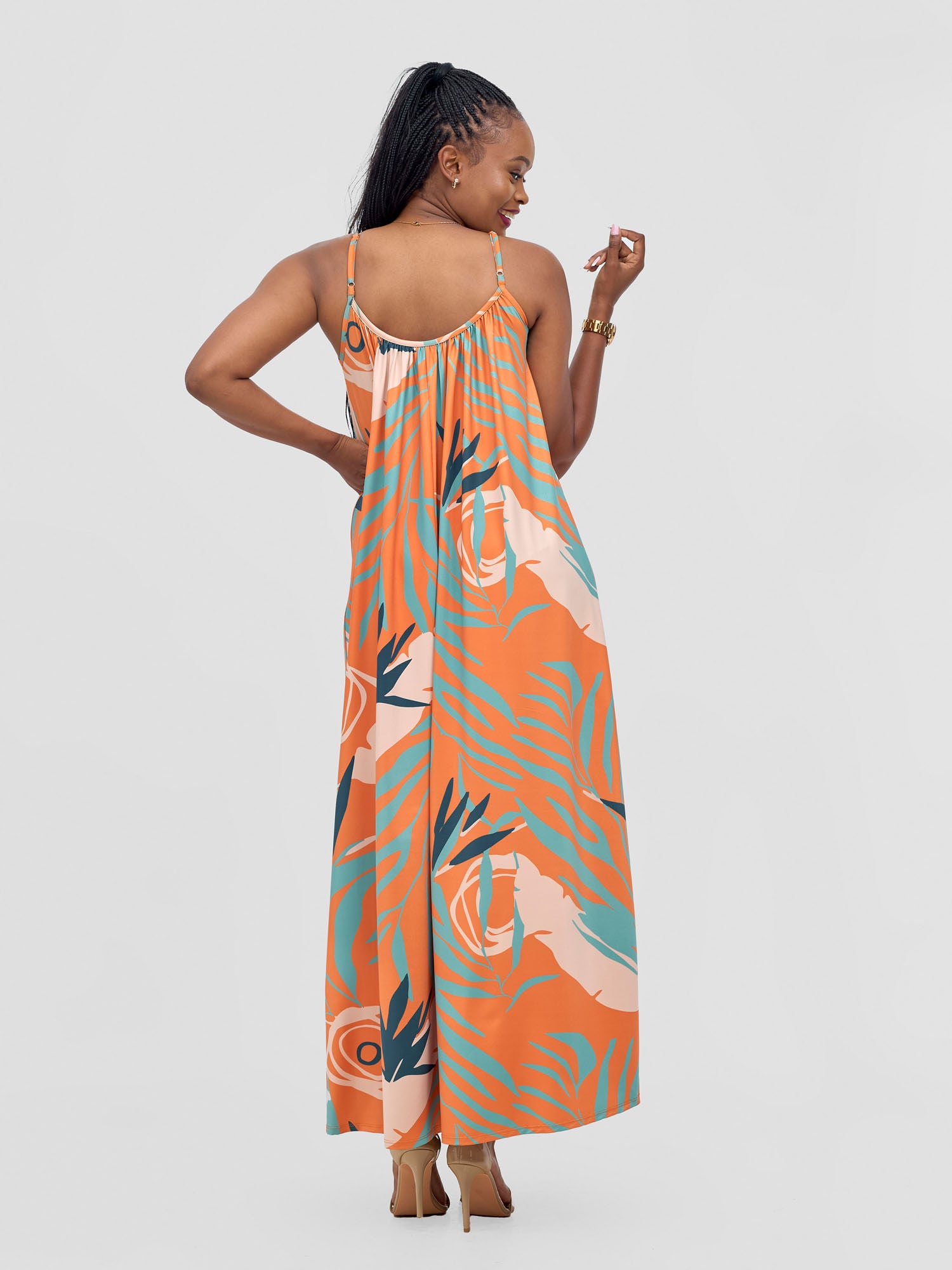Vivo Sarabi Strappy Low Back Maxi Dress - Orange / Teal Deza Print