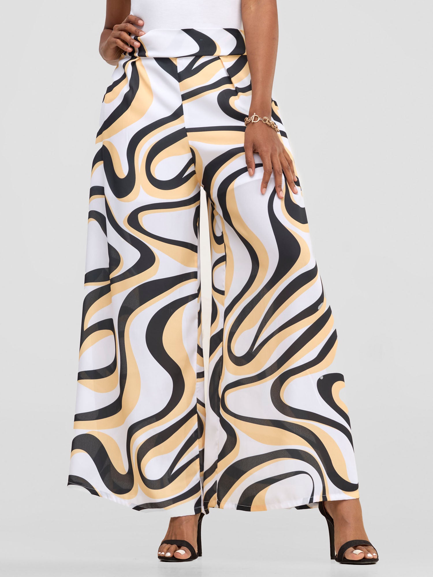 Vivo X Essence Asha Wide Leg Pants With Short Lining - White / Mustard Manda Print