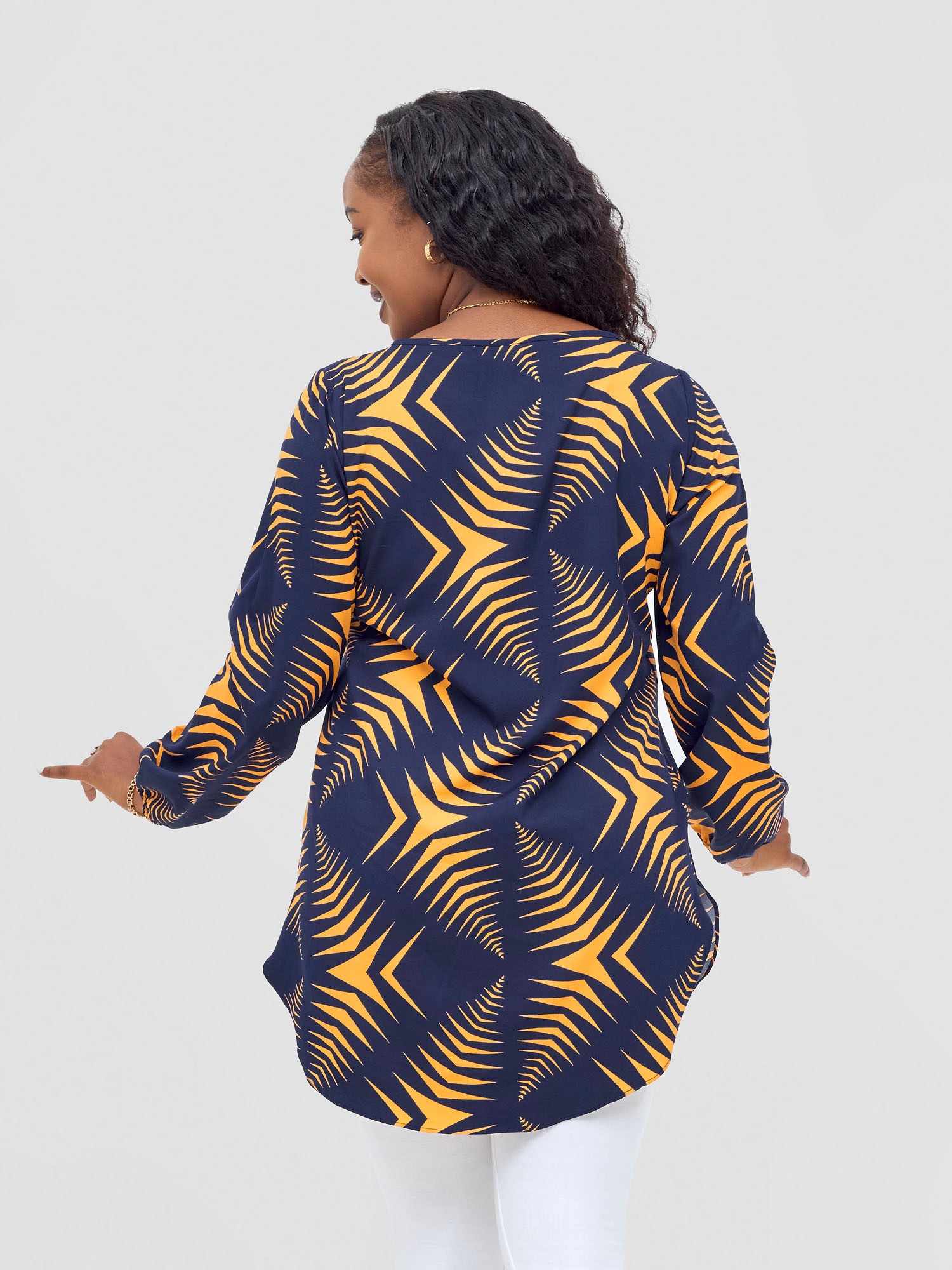 Vivo Basic Tsavo Scalloped Chiffon Top - Navy / Orange Abstract Print