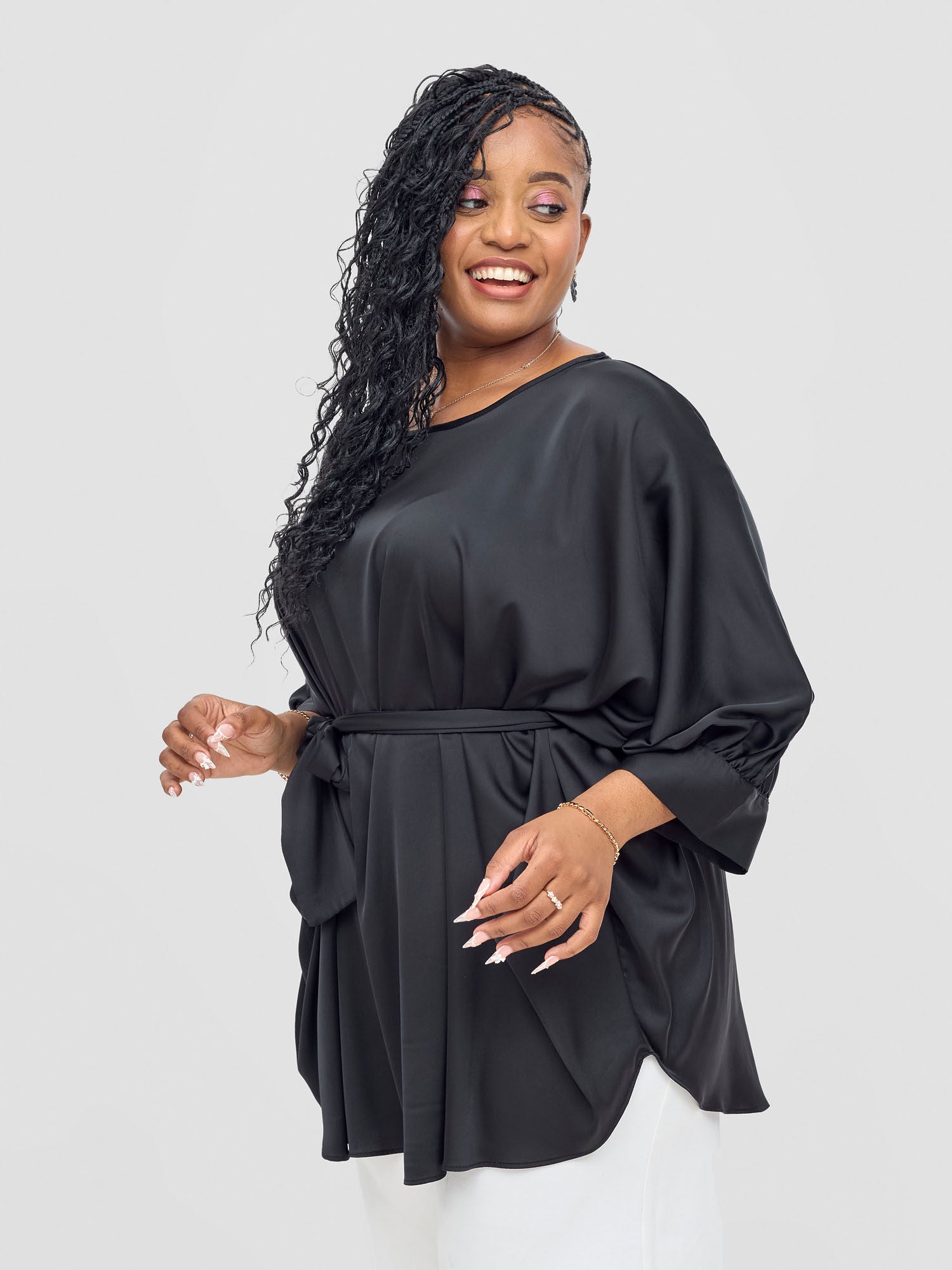 Vivo Fara Dolman Cuff Satin Top - Black