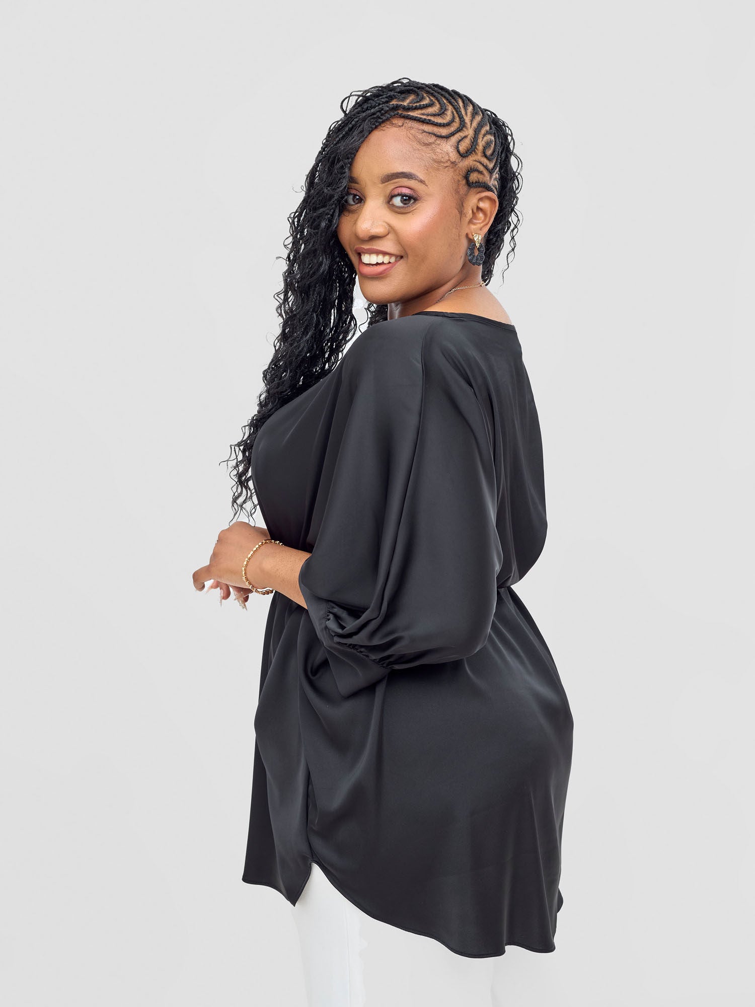 Vivo Fara Dolman Cuff Satin Top - Black