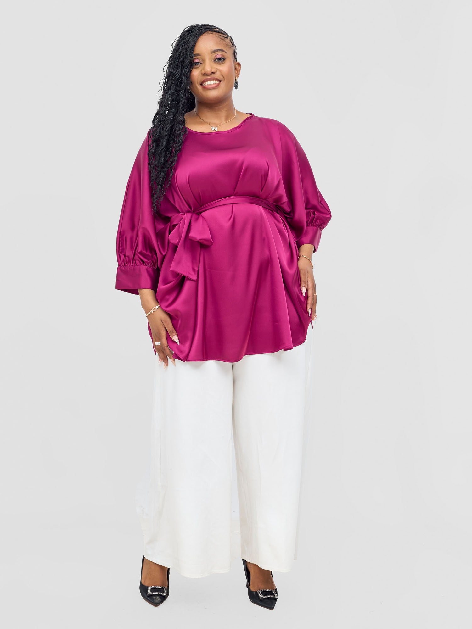 Vivo Fara Dolman Cuff Satin Top - Burgundy