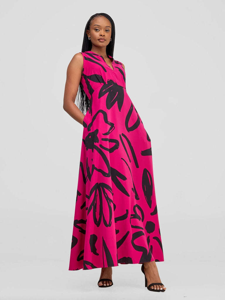 Vivo Chesi V - Neck Maxi Dress - Hot Pink / Black Hesi Print - Shopzetu