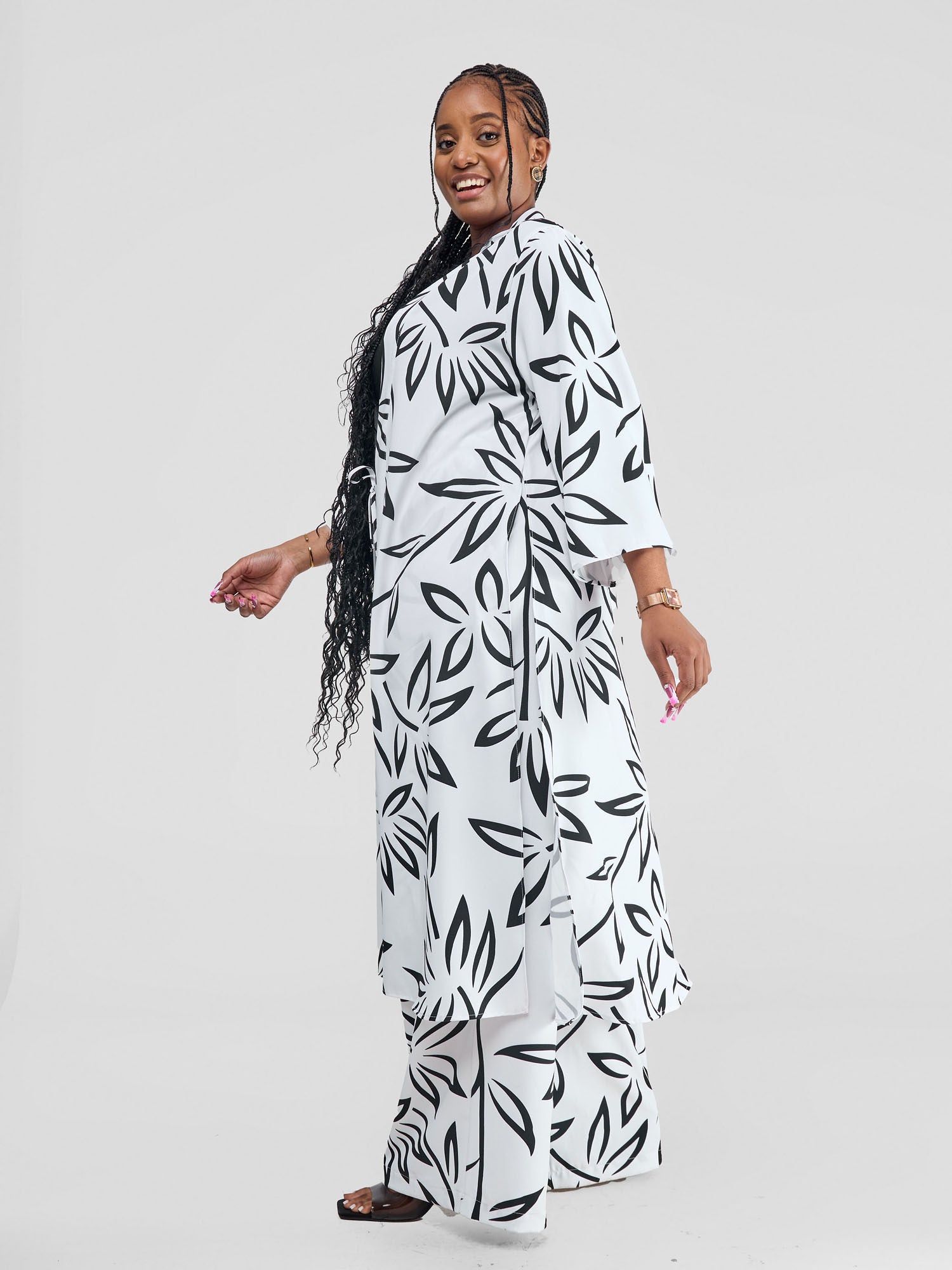 Vivo Situ Side Slit Midi Kimono - White / Black Weni Print
