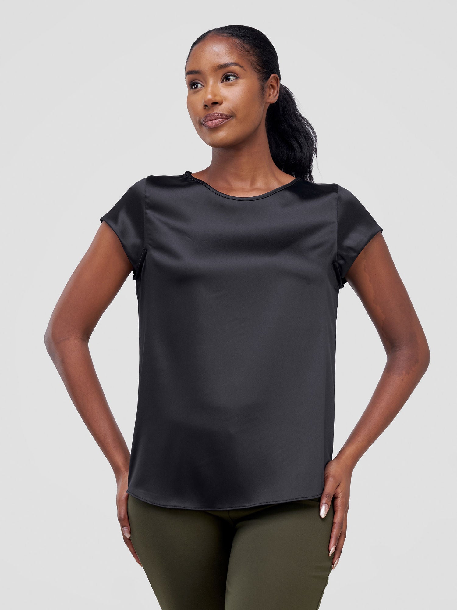 Vivo Basic Satin Cap Sleeve Top - Black