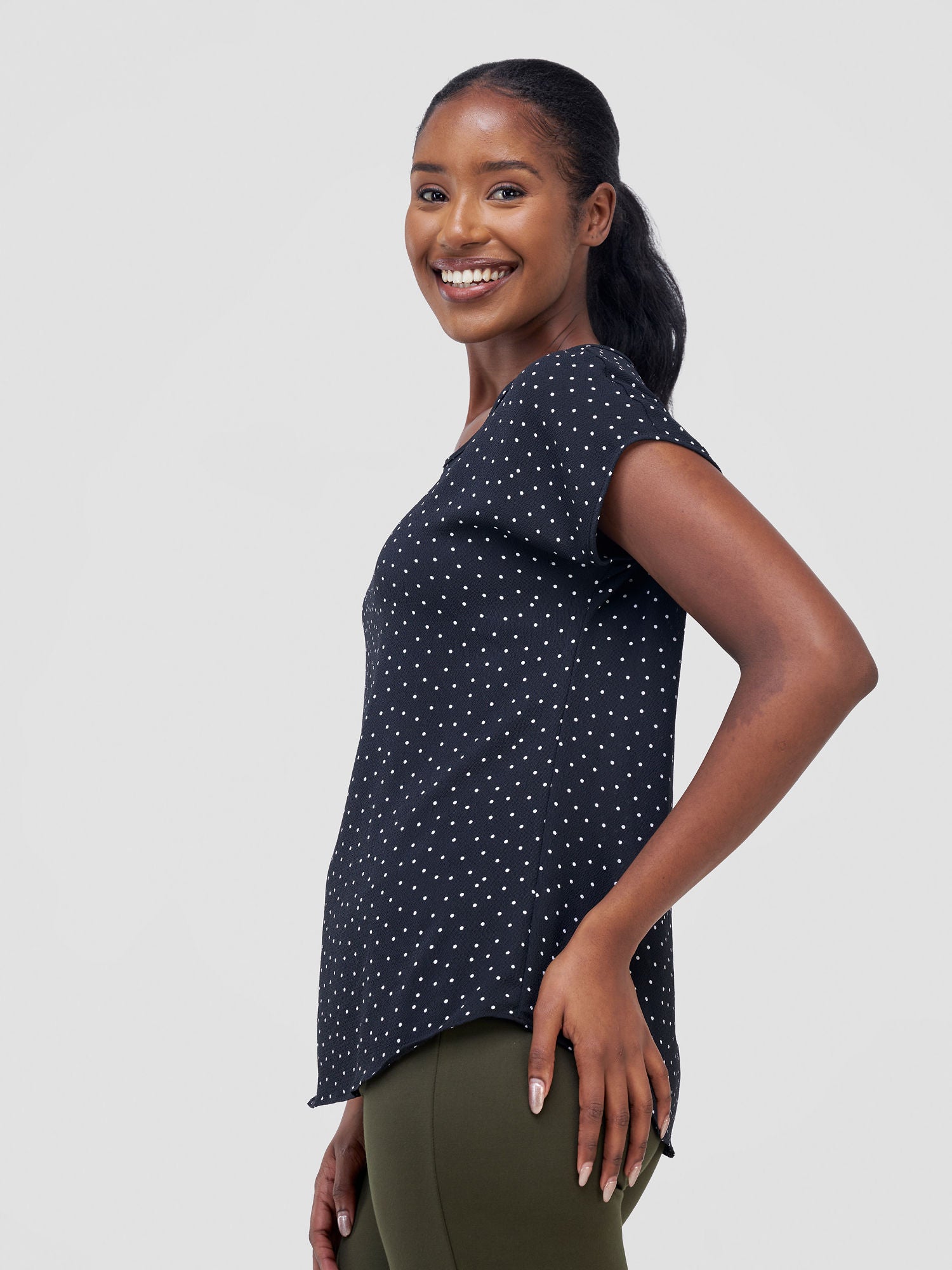 Vivo Basic Chiffon Dropped Shoulder Top - Black / White Polka Dot Print