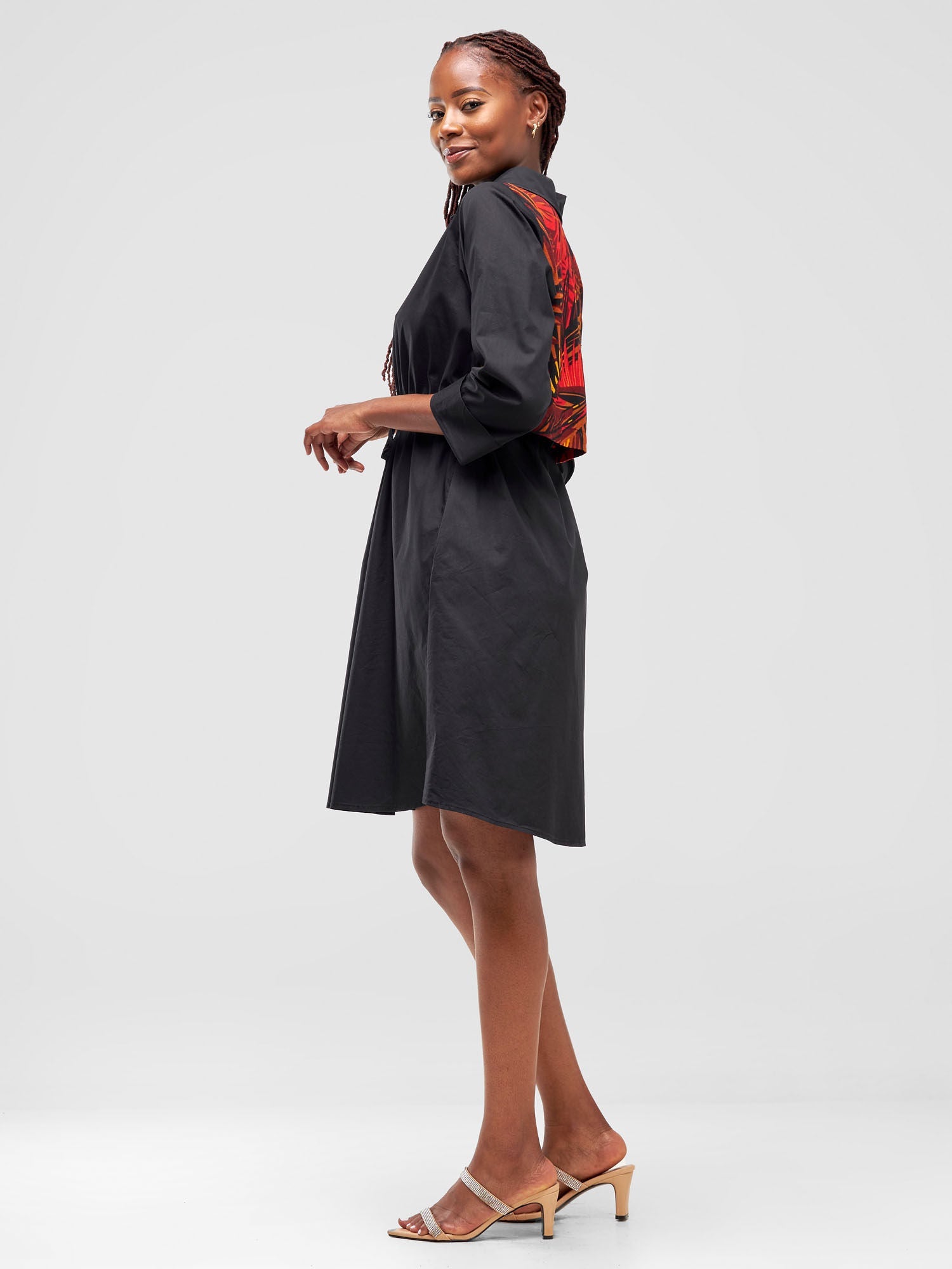 Safari Lira Drawstring Knee Length Dress - Black + Red Print