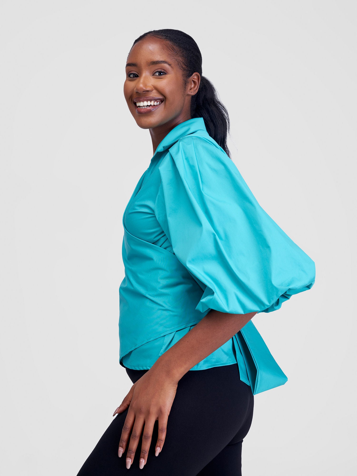 Safari Mali 3/4 Bishop Sleeve  Tie Top - Sea Green