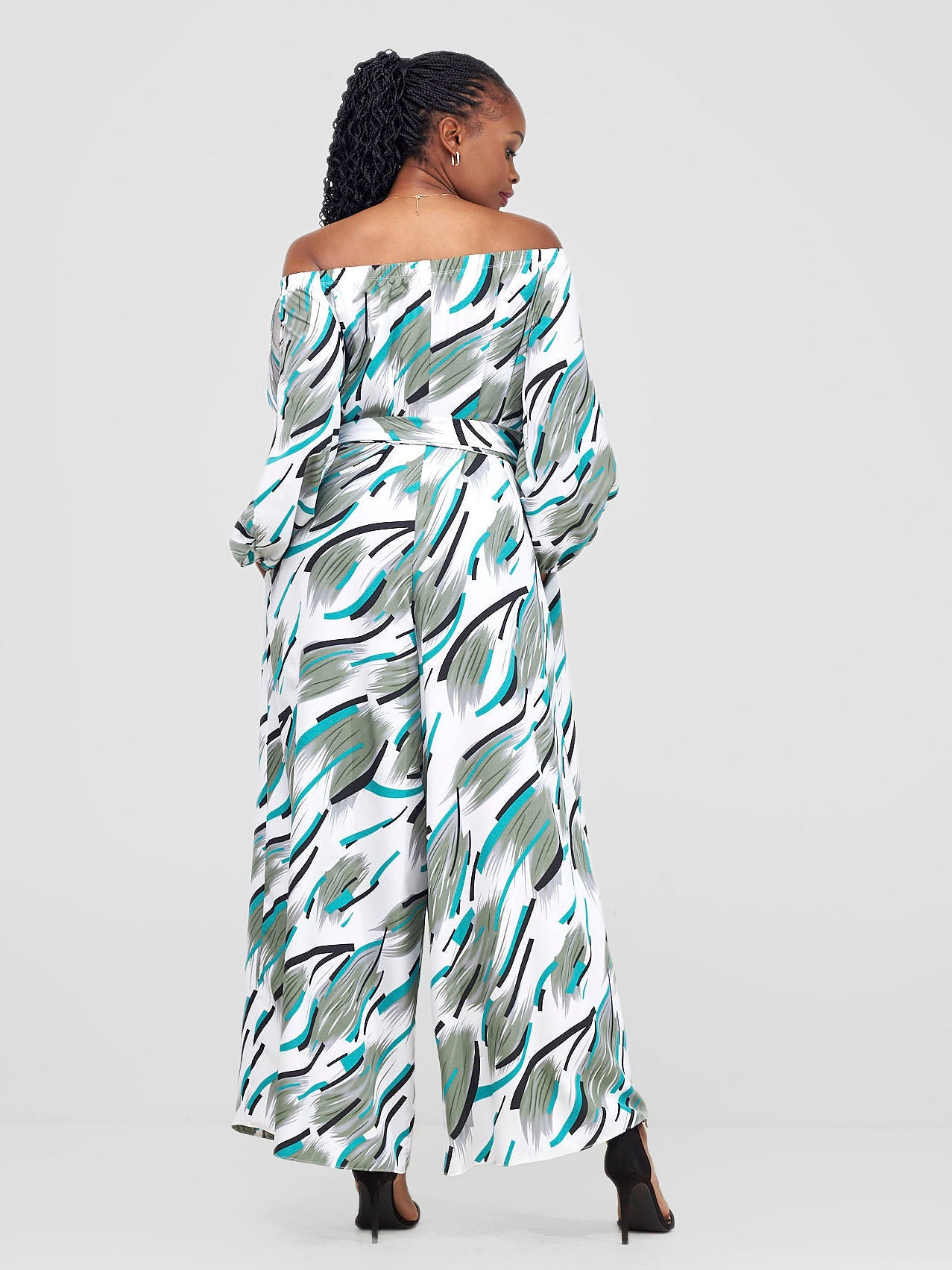 Vivo Yumi Off Shoulder Jumpsuit  - Grey / Green Print