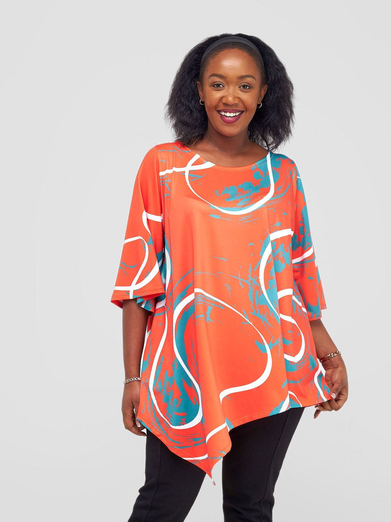 Vivo Lumi Asymmetrical Top - Orange / Green Kita Print - Shopzetu