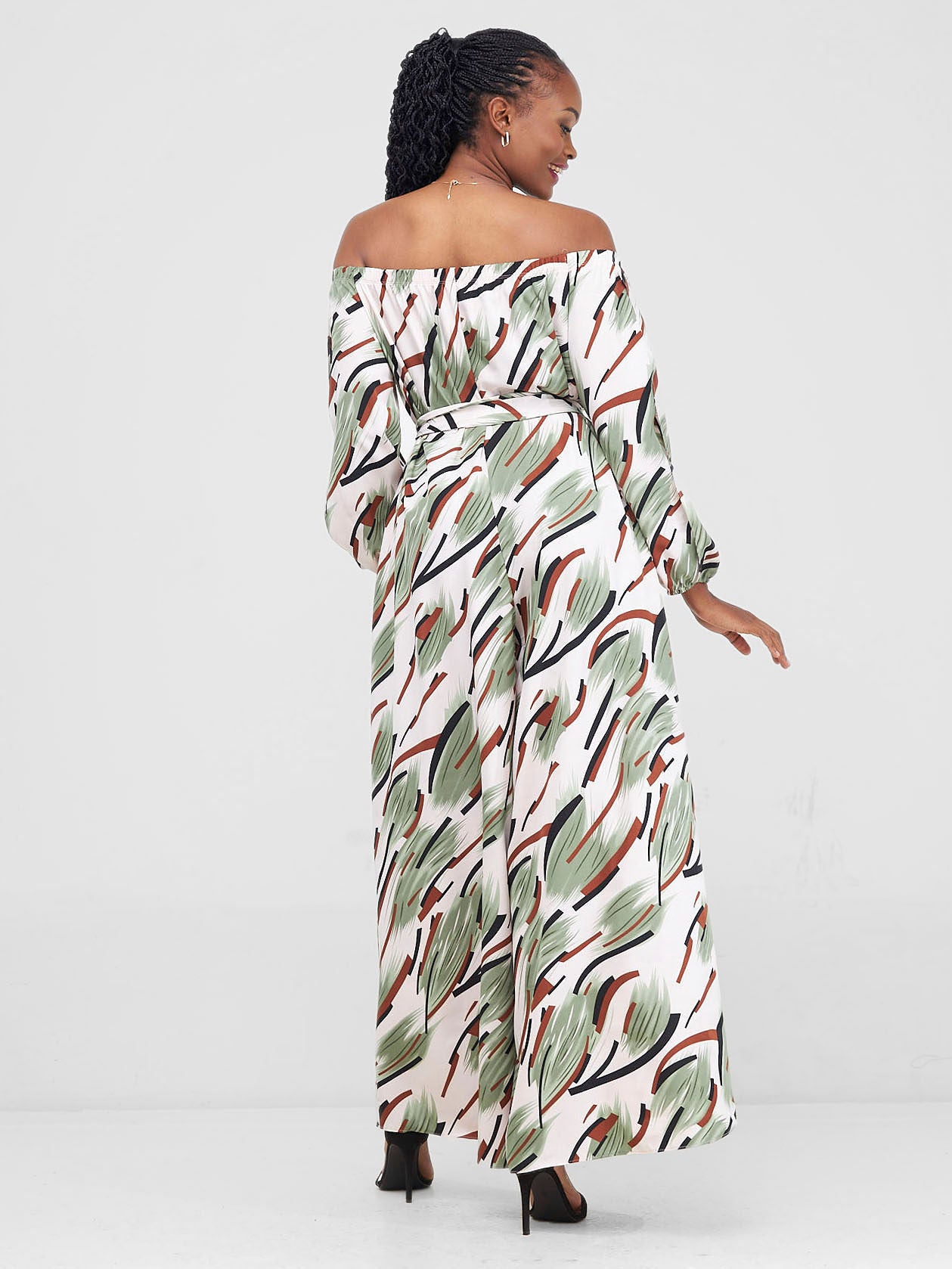 Vivo Yumi Off Shoulder Jumpsuit  - Grey / Beige Print