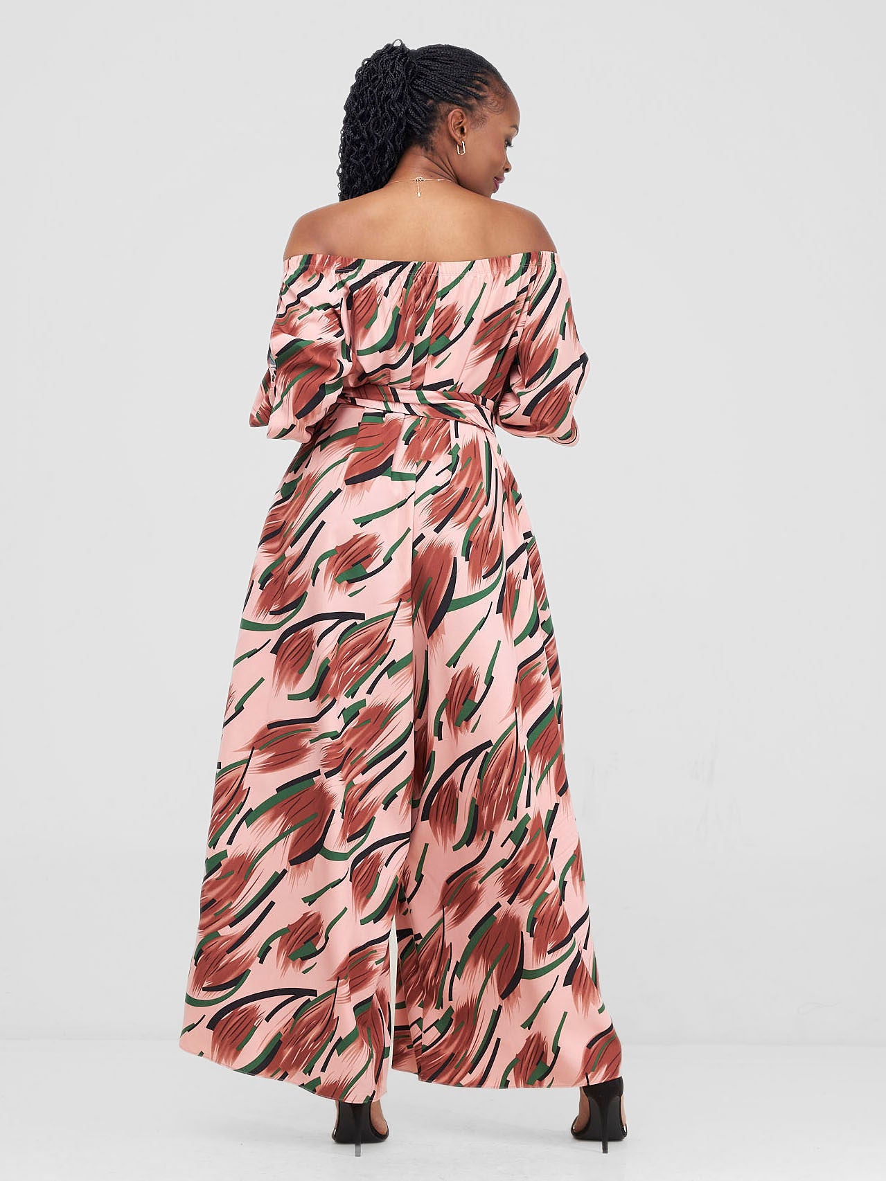 Vivo Yumi Off Shoulder Jumpsuit  - Brown / Black Print