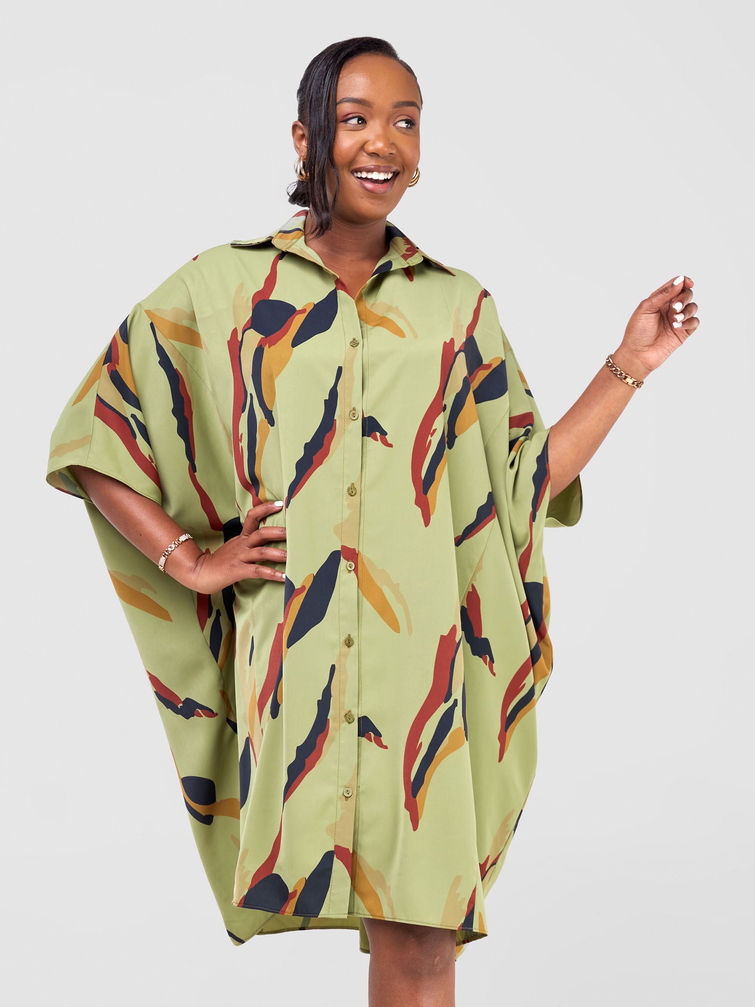 Vivo Reba Tapered Shirt Dress - Olive / Mustard Riba Print