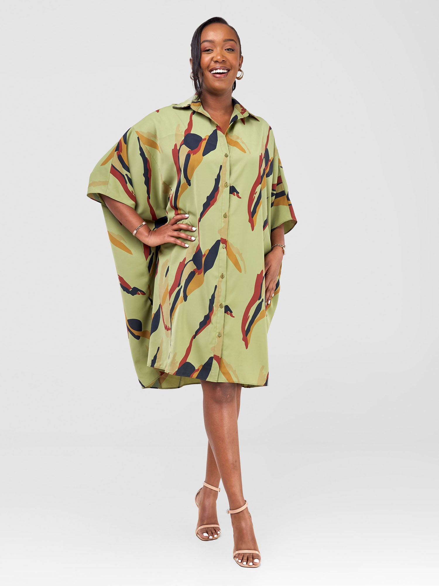 Vivo Reba Tapered Shirt Dress - Olive / Mustard Riba Print