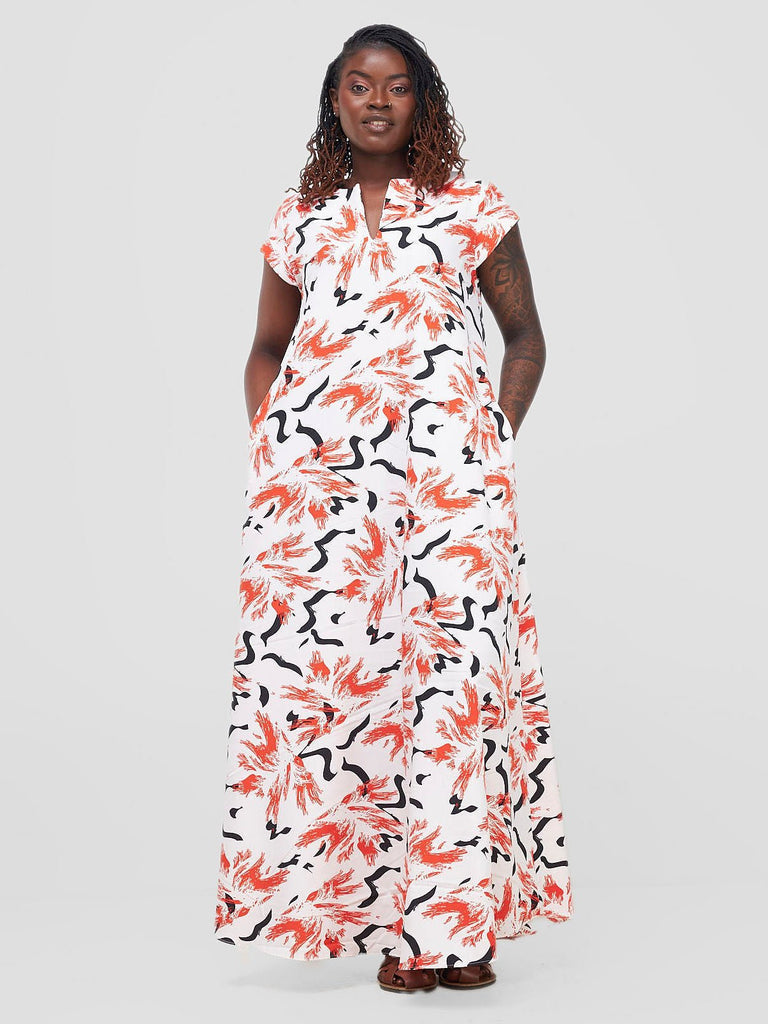 Vivo Zola V Neck Cap Sleeve Maxi Dress - White / Red Print - Shopzetu