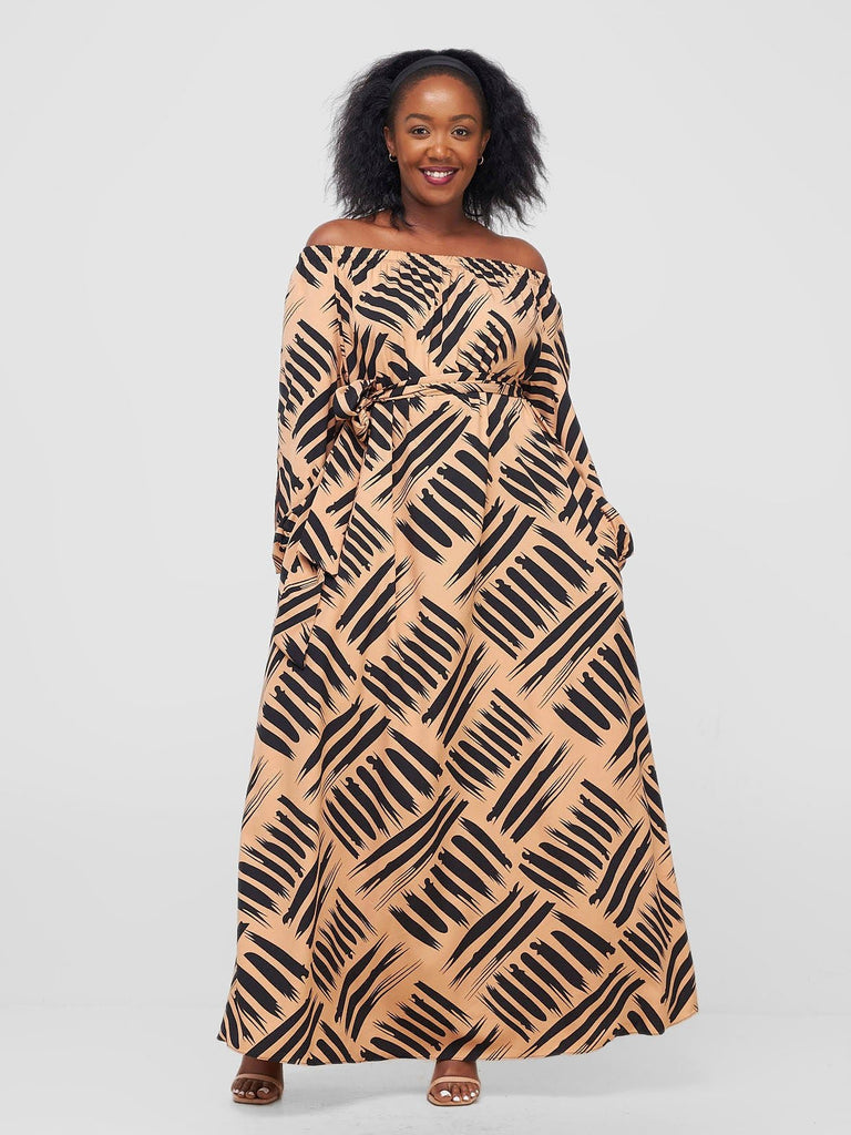 Vivo Yumi Off Shoulder Maxi Dress - Tan / Black Print - Shopzetu