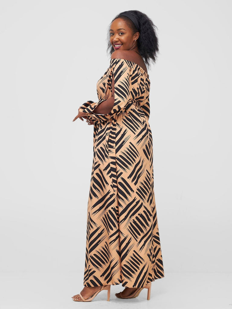 Vivo Yumi Off Shoulder Maxi Dress - Tan / Black Print - Shopzetu
