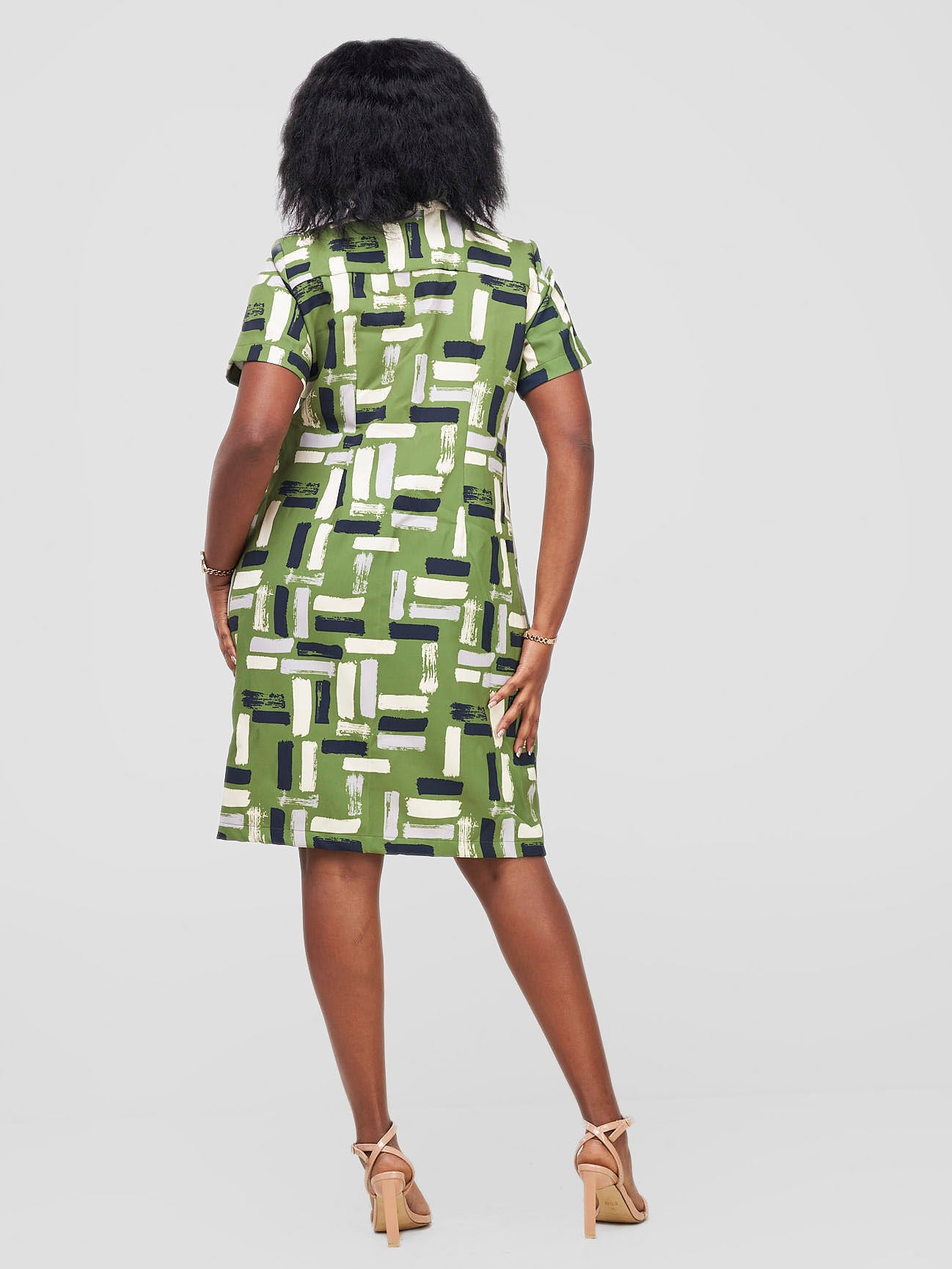 Vivo Arafa Short Sleeve Shift Dress - Olive / Beige Print