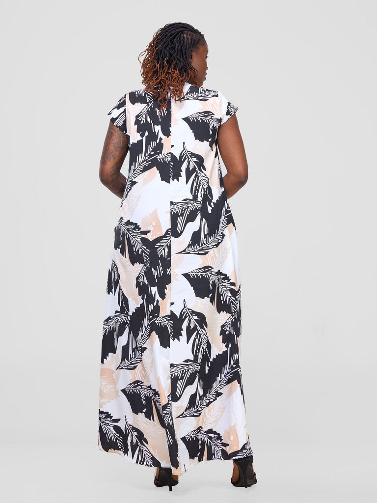 Vivo Zola V Neck Cap Sleeve Maxi Dress - Black / White Print