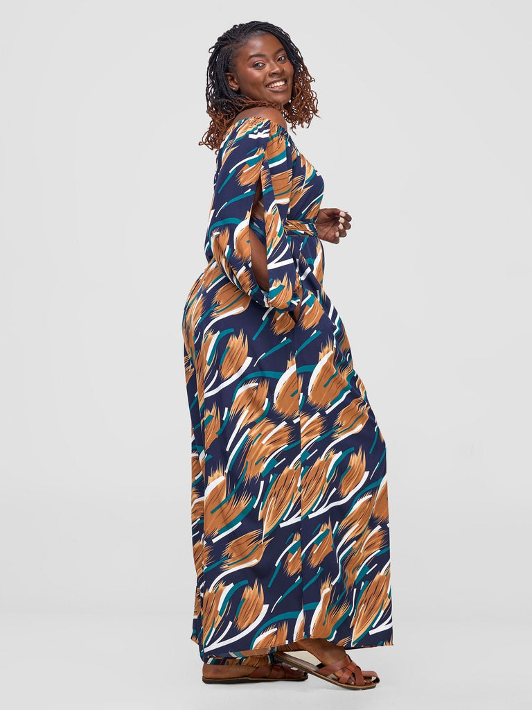 Vivo Yumi Off Shoulder Jumpsuit - Brown / Green Print - Shopzetu