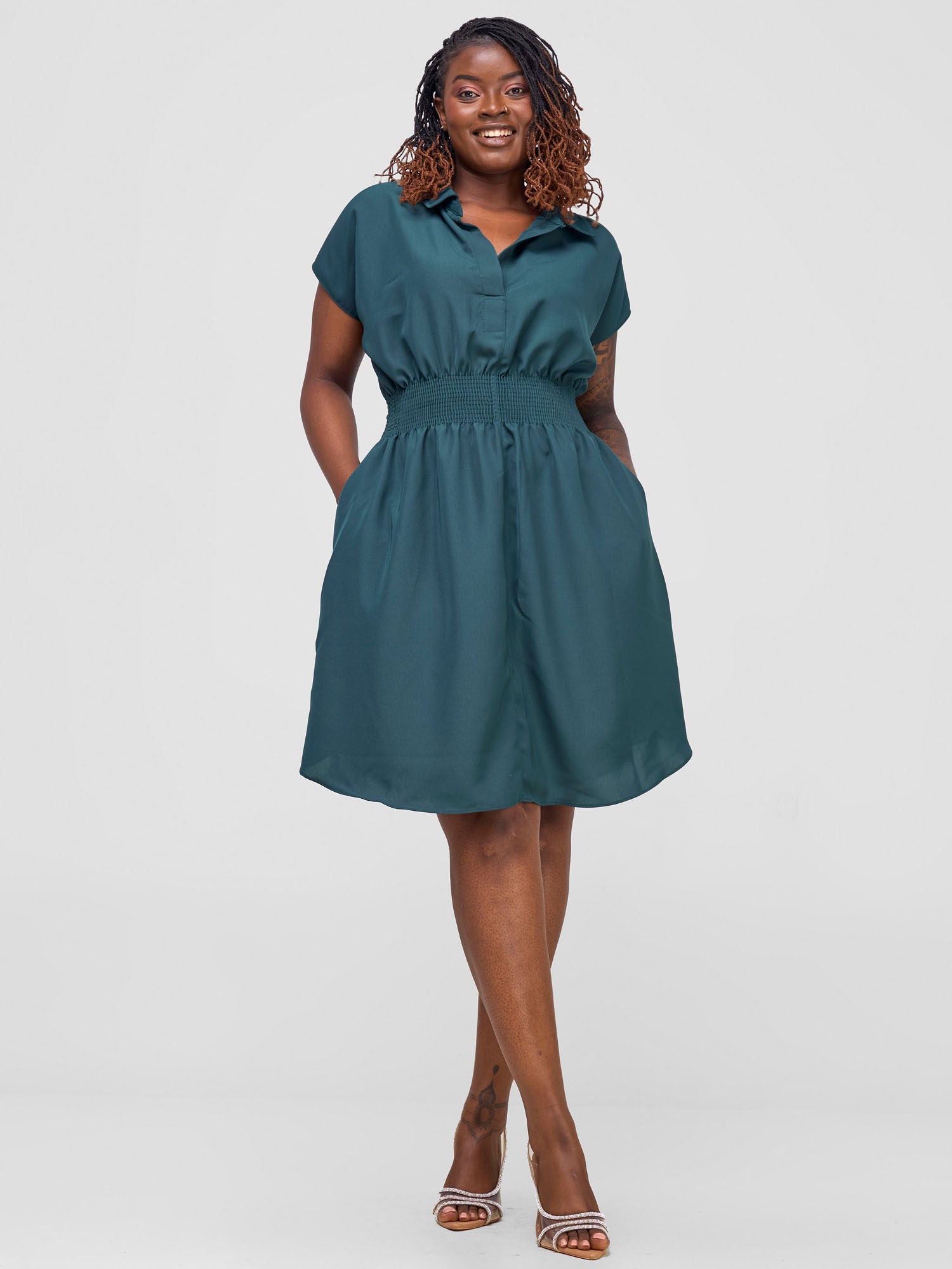 Vivo Zena Shirred Waist Shirt Dress - Dark Sage