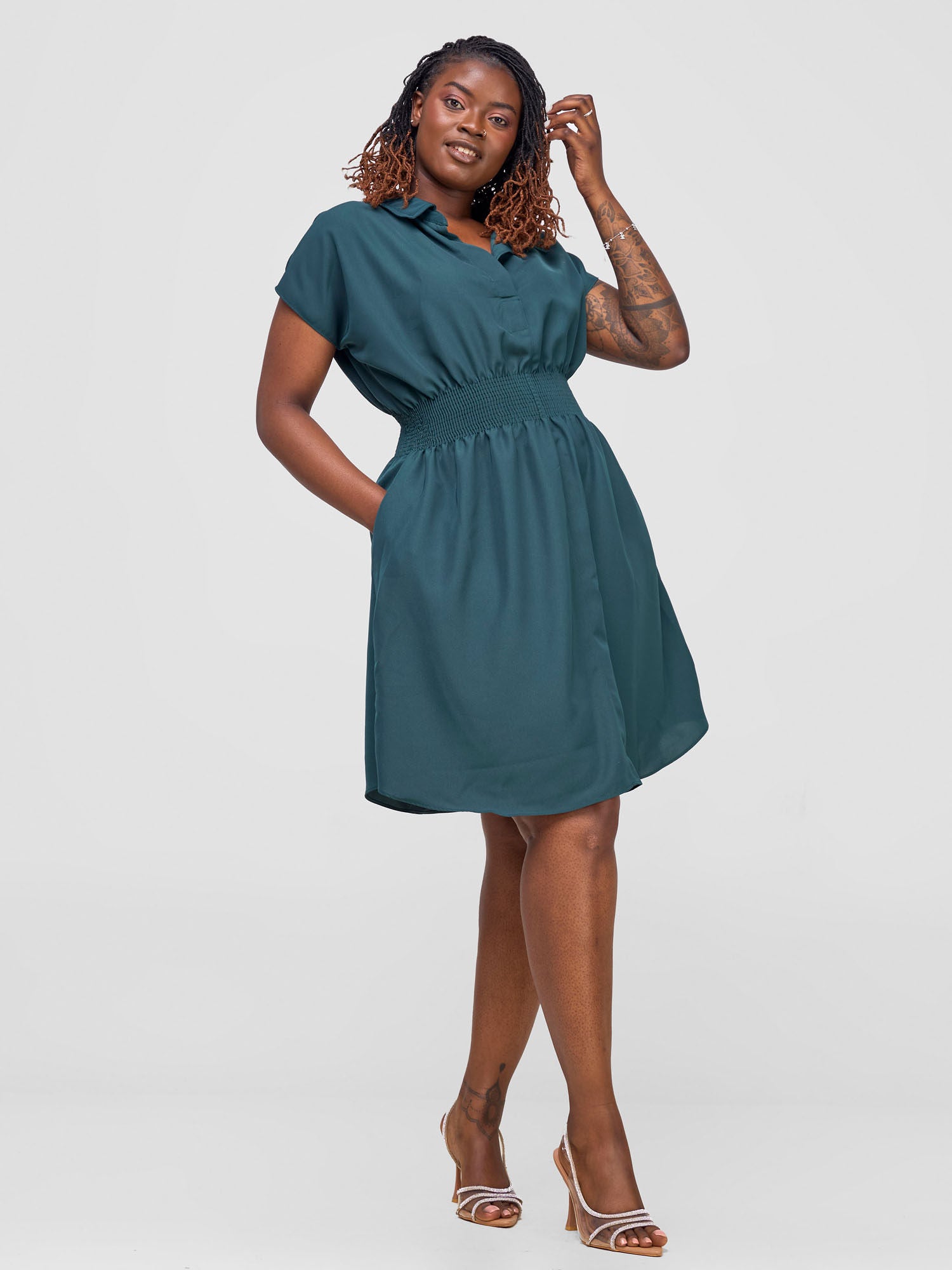 Vivo Zena Shirred Waist Shirt Dress - Dark Sage