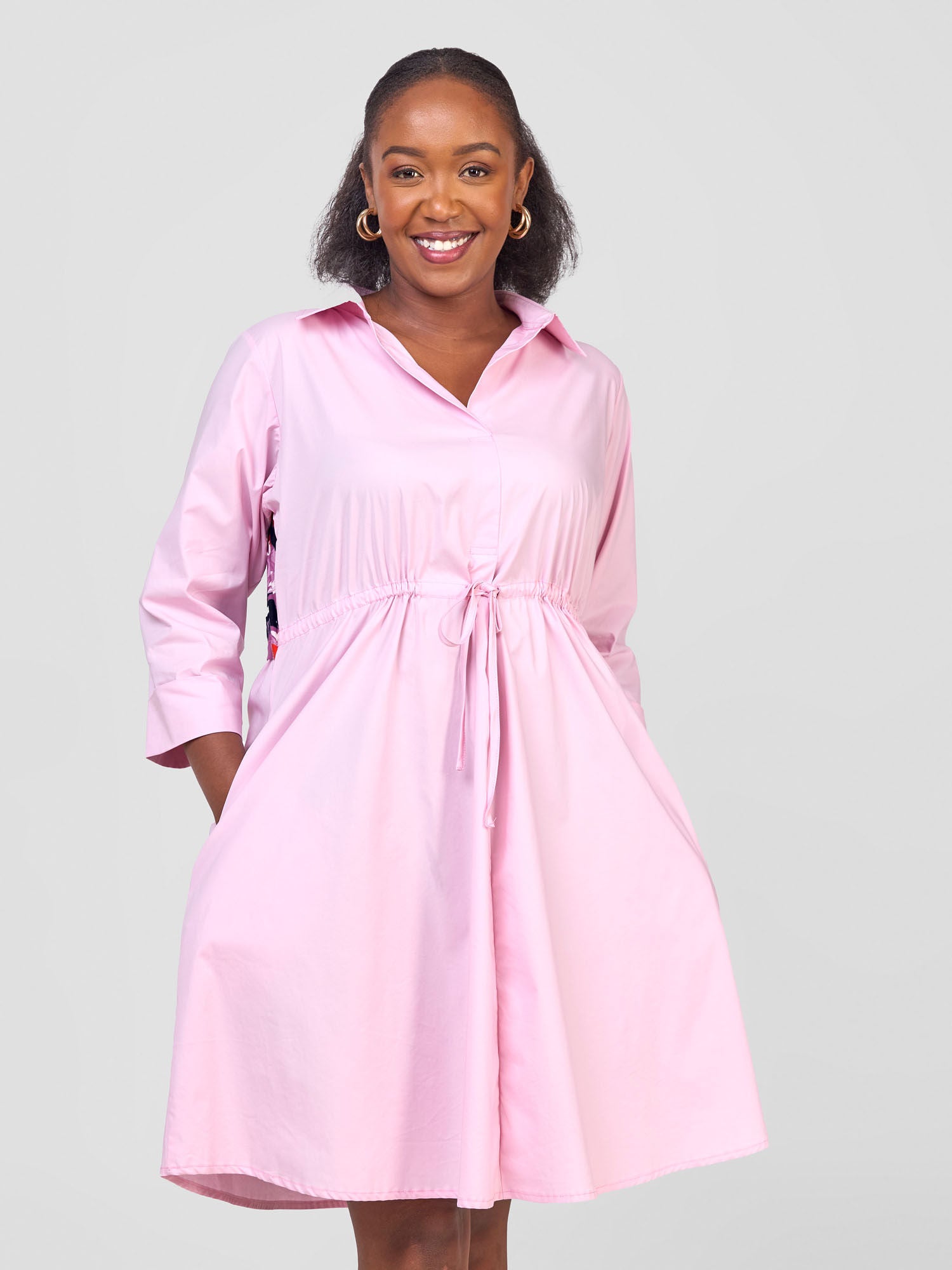 Safari Lira Drawstring Knee Length Dress - Pink + Orange / Purple Print