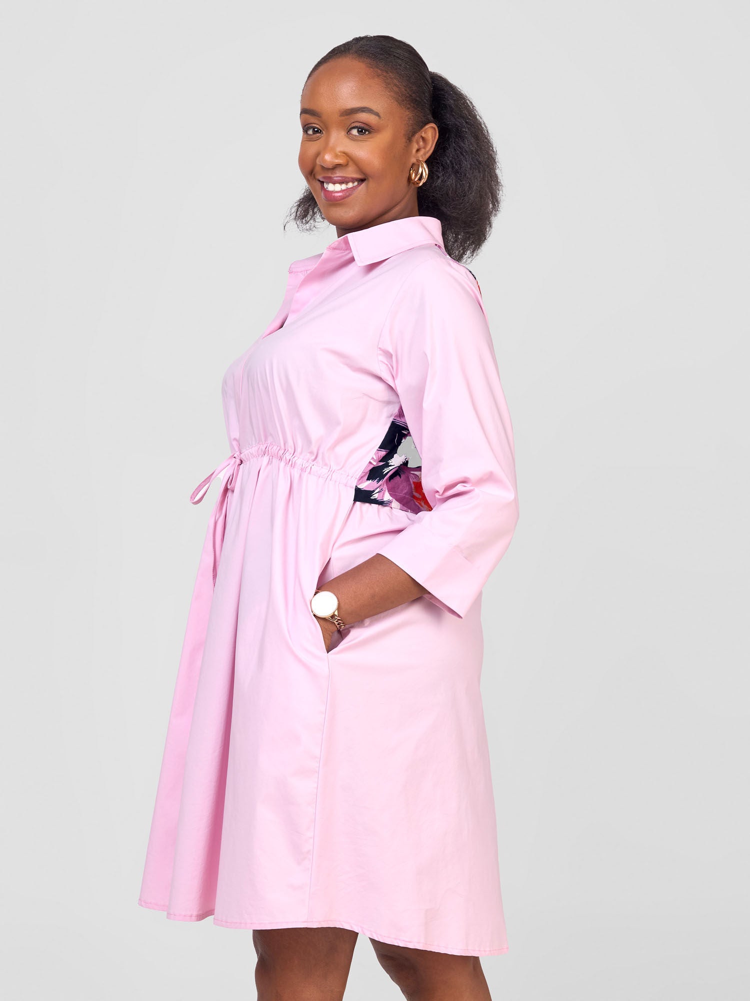 Safari Lira Drawstring Knee Length Dress - Pink + Orange / Purple Print
