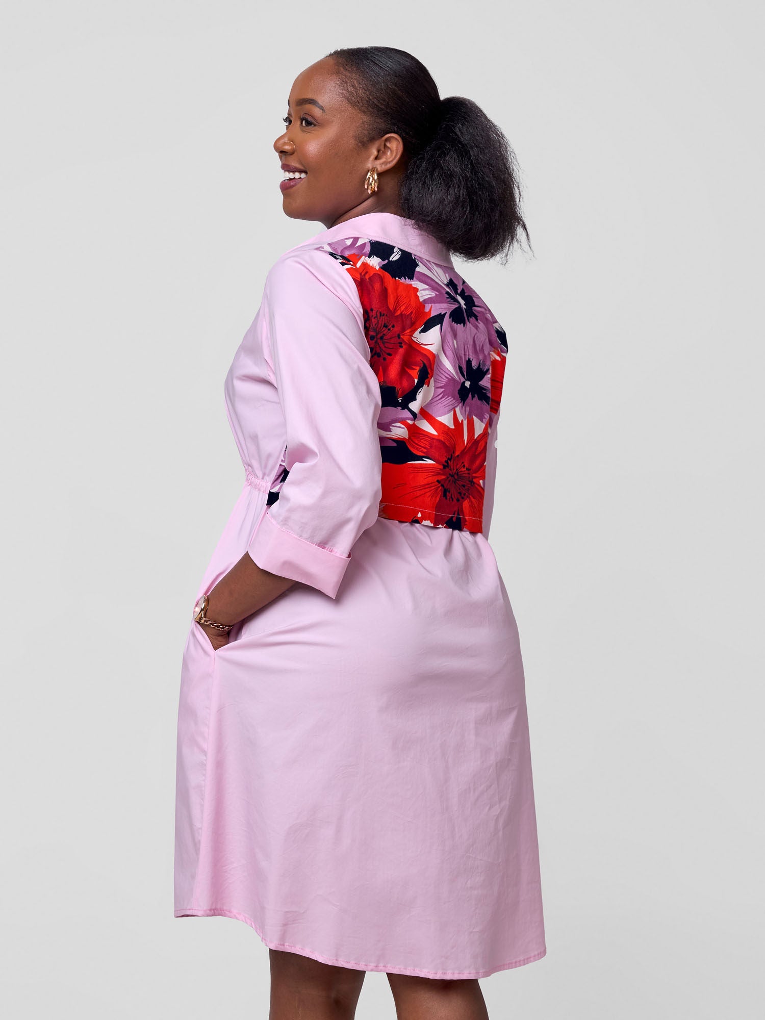 Safari Lira Drawstring Knee Length Dress - Pink + Orange / Purple Print