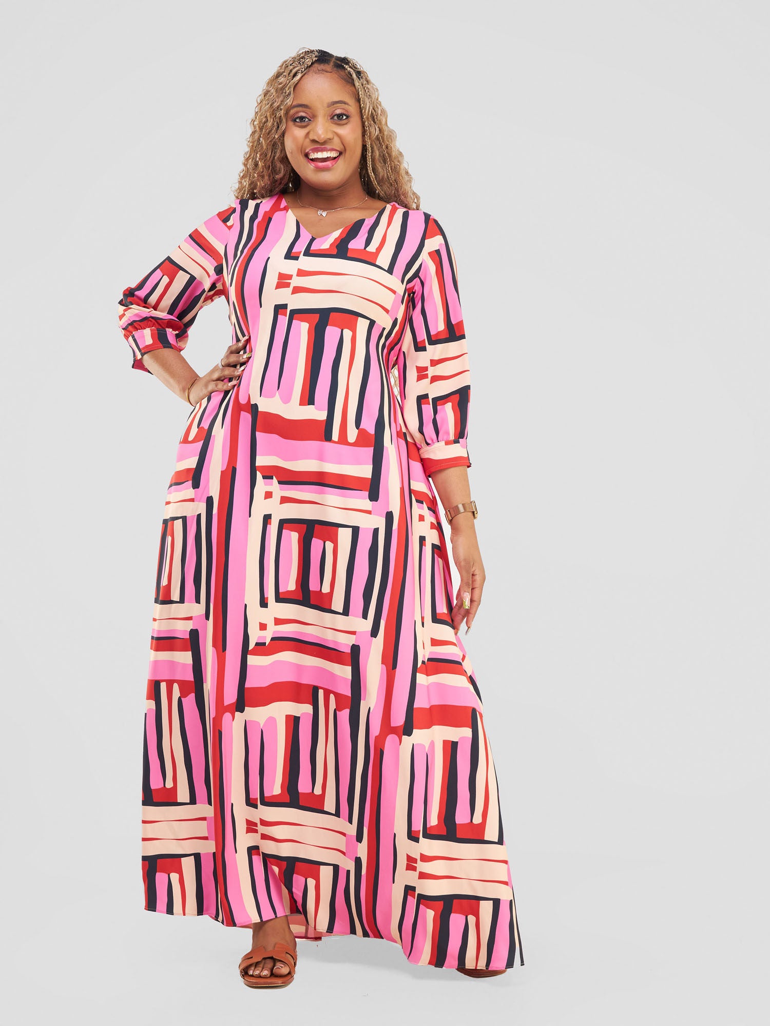 Vivo Hadiya Tie Maxi Dress - Pink / Black Hadi Print