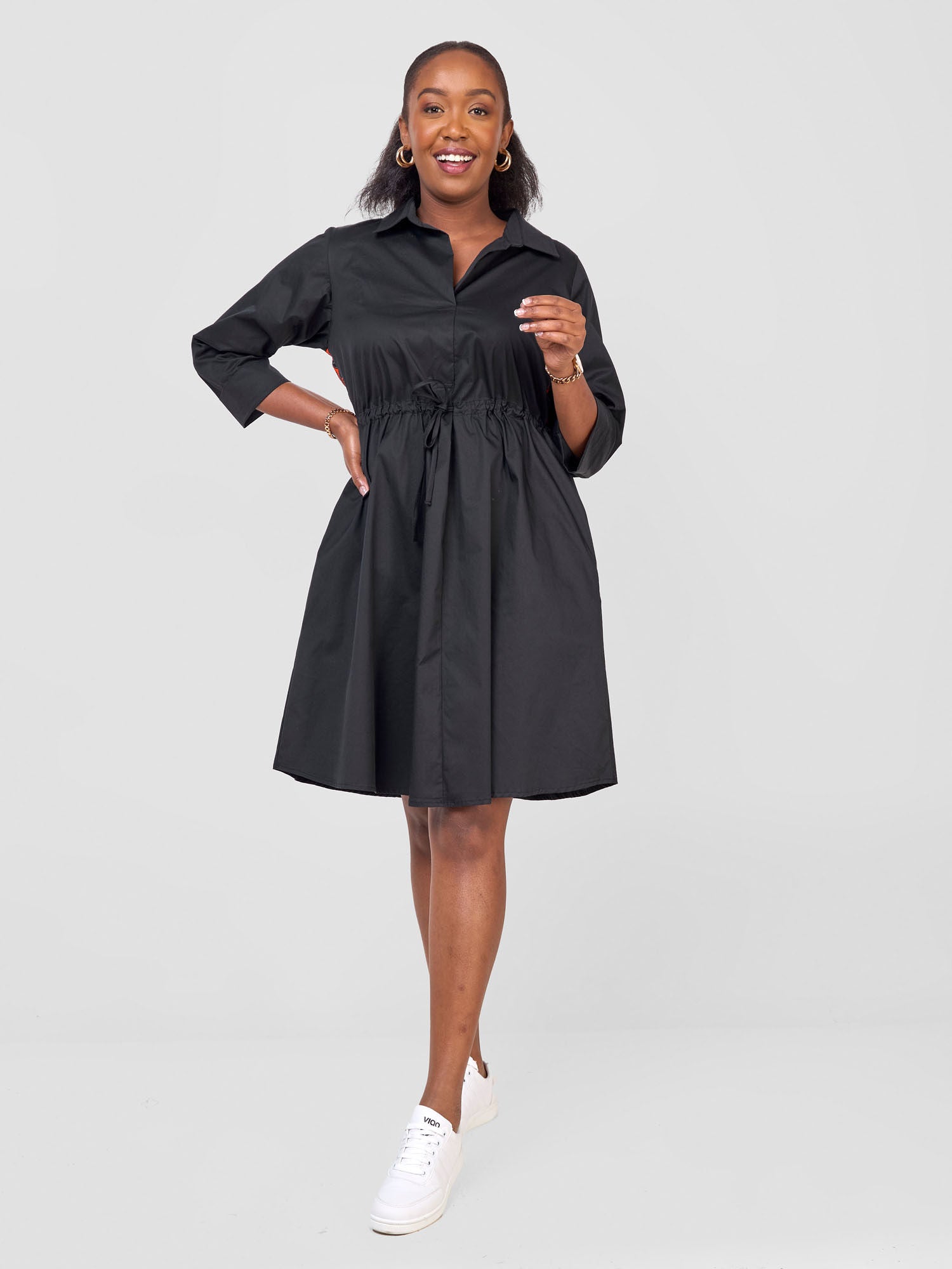 Safari Lira Drawstring Knee Length Dress - Black + Orange / Black Print