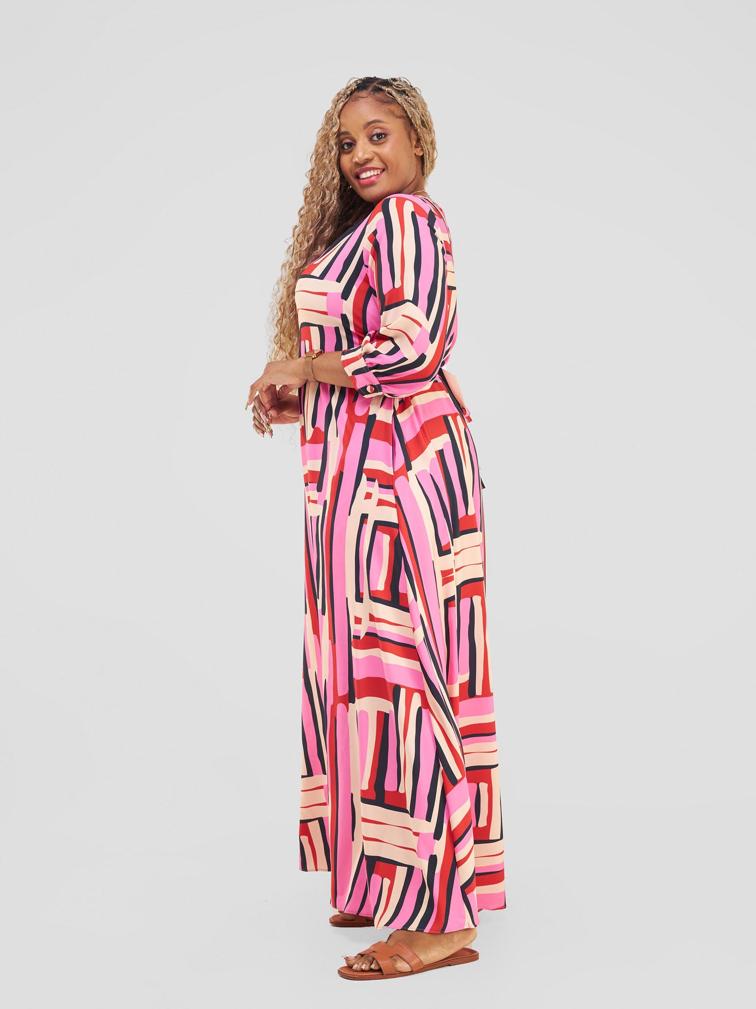 Vivo Hadiya Tie Maxi Dress - Pink / Black Hadi Print