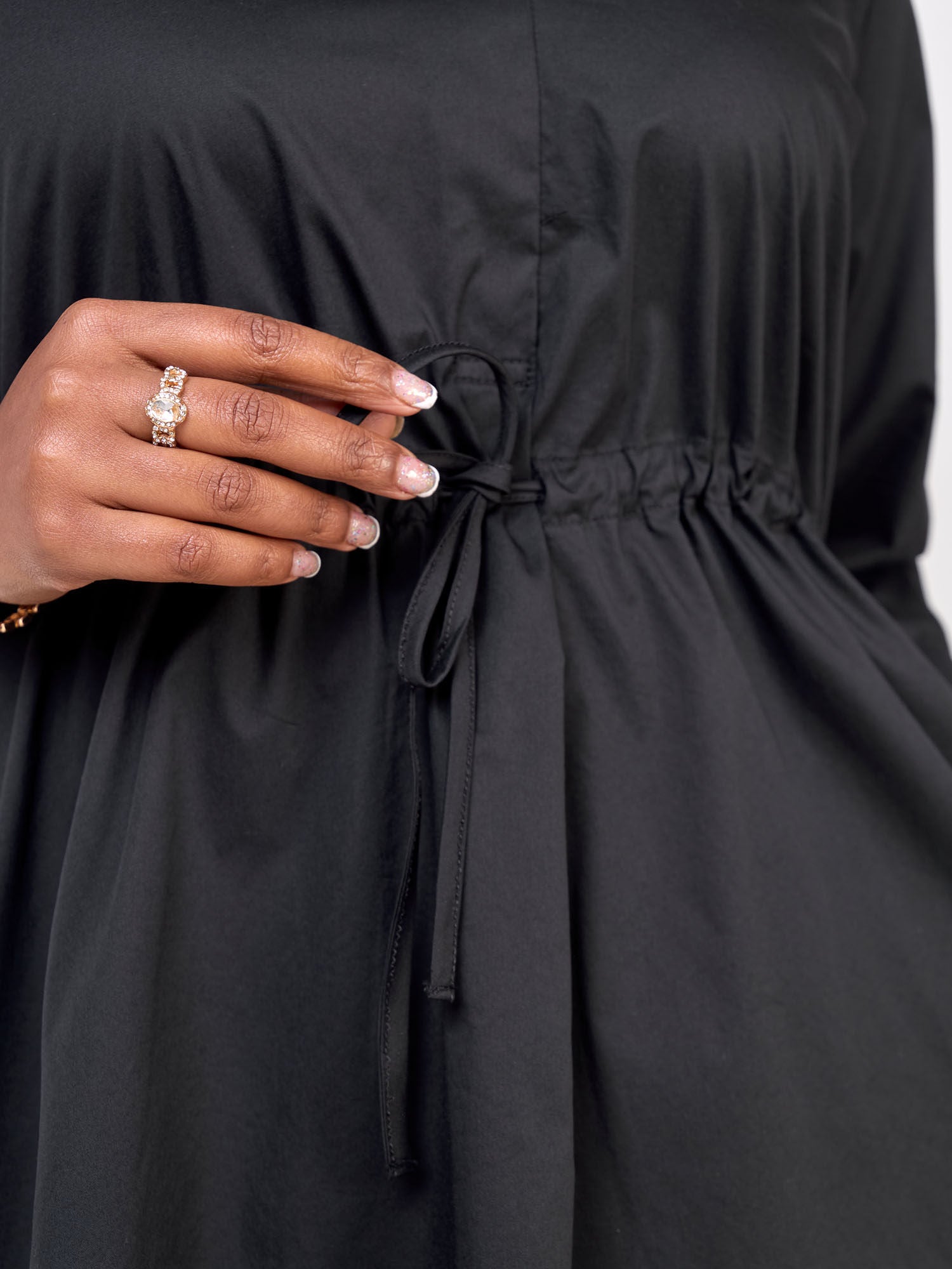 Safari Lira Drawstring Knee Length Dress - Black + Orange / Black Print