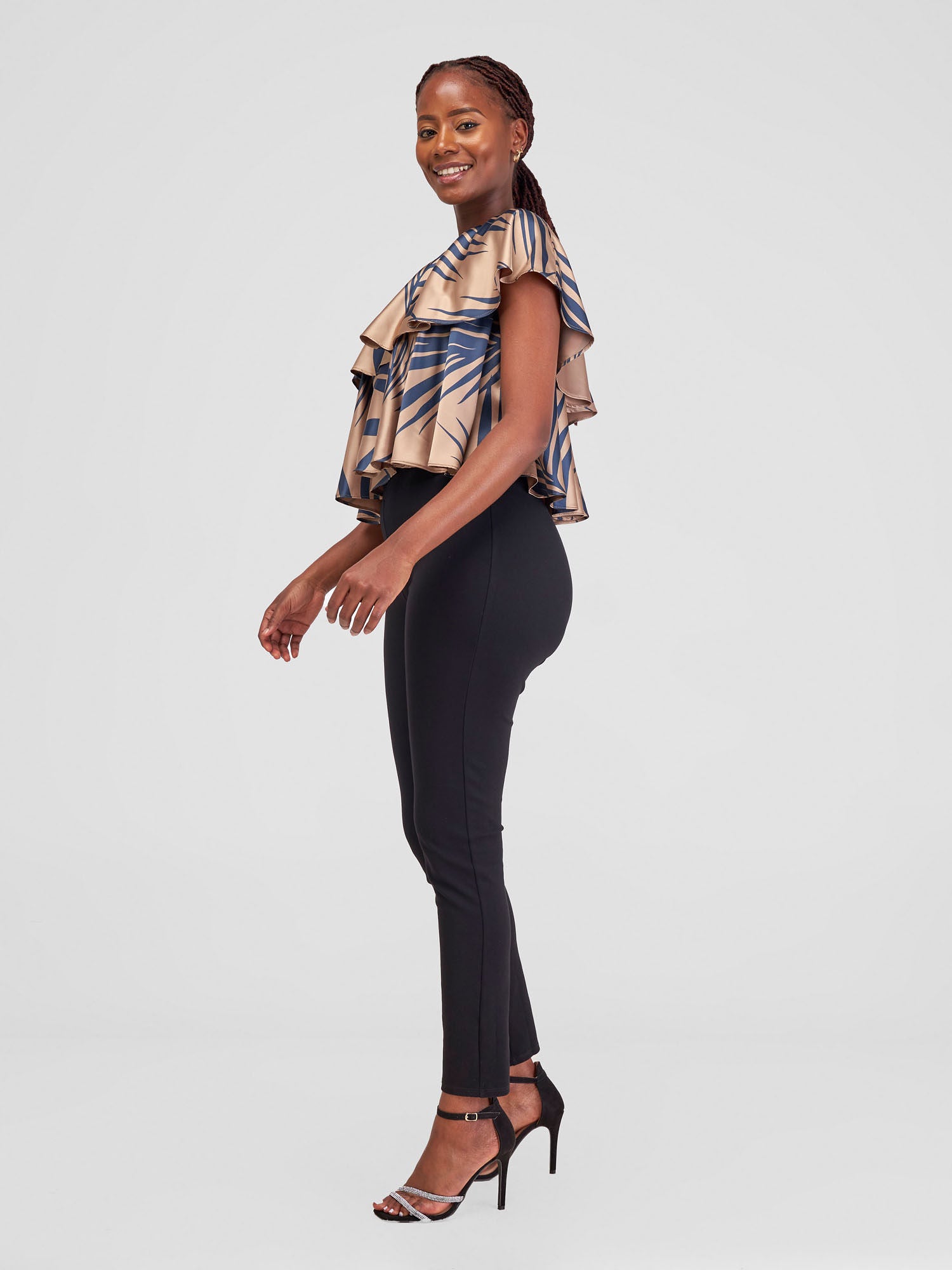 Zoya Naya One Shoulder Flounce Satin Crop Top - Dark Taupe / Navy Siri Print