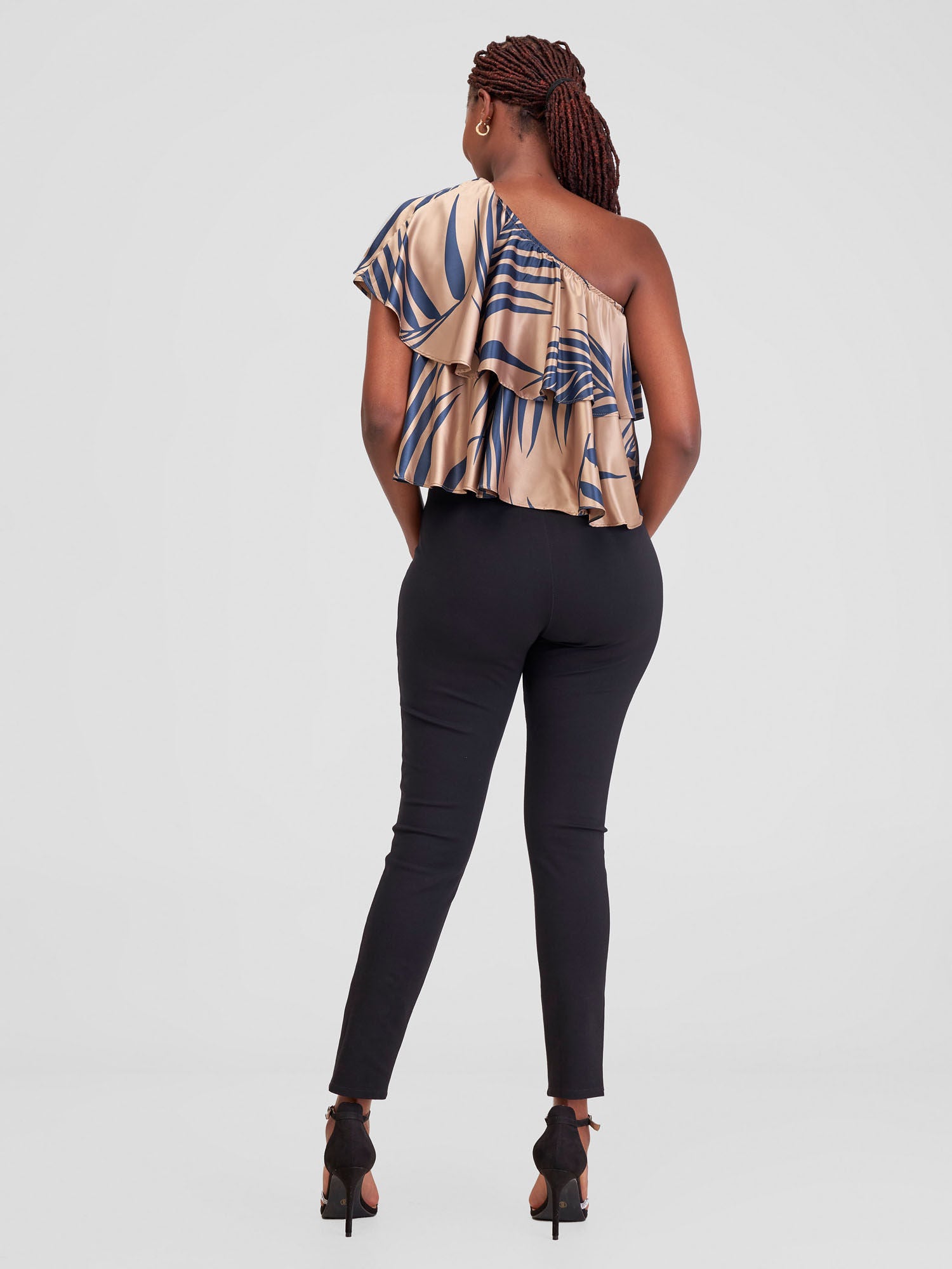 Zoya Naya One Shoulder Flounce Satin Crop Top - Dark Taupe / Navy Siri Print