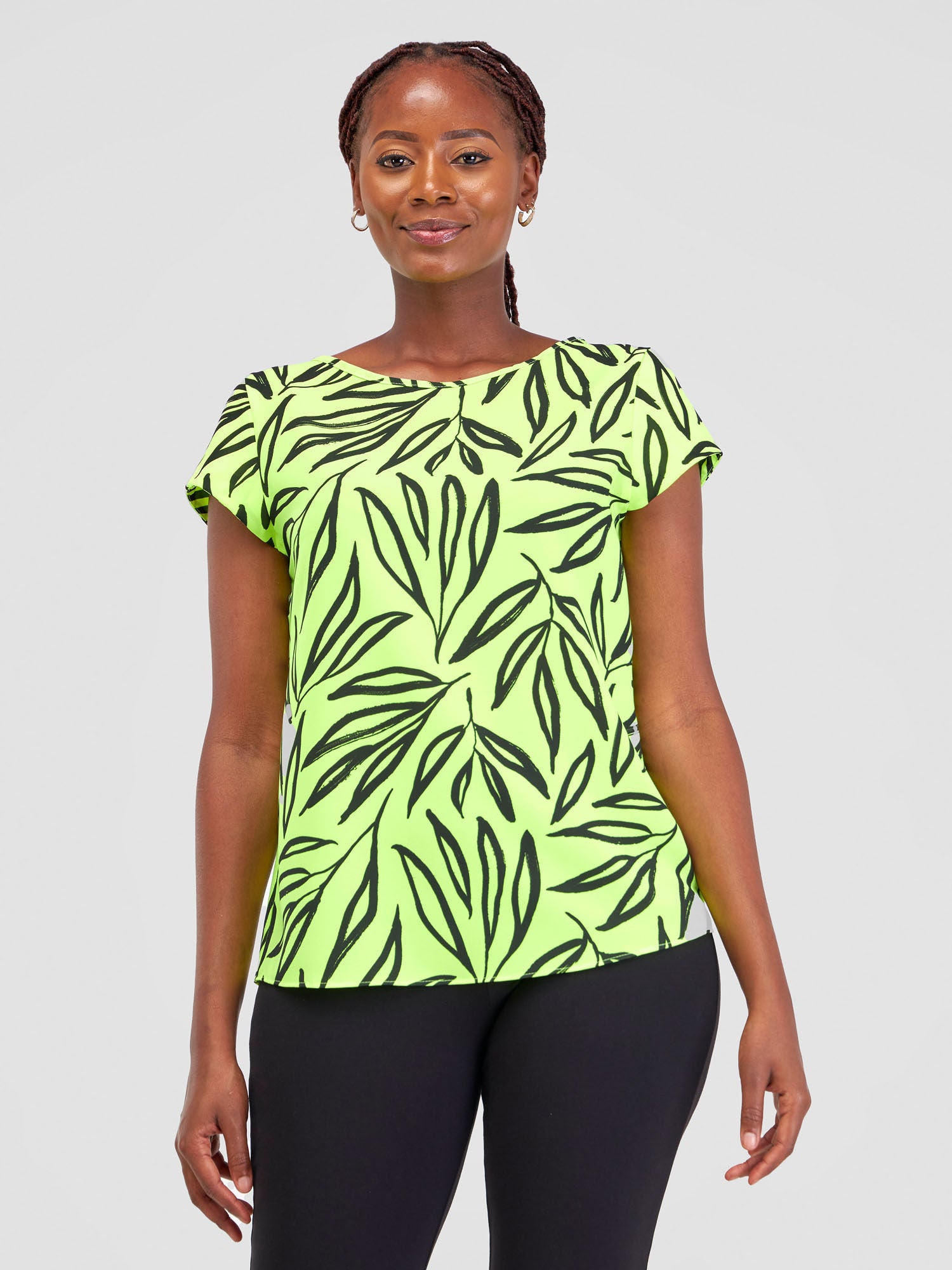 Vivo Basic Crepe Cap Sleeved Top - Lime Kasai Print