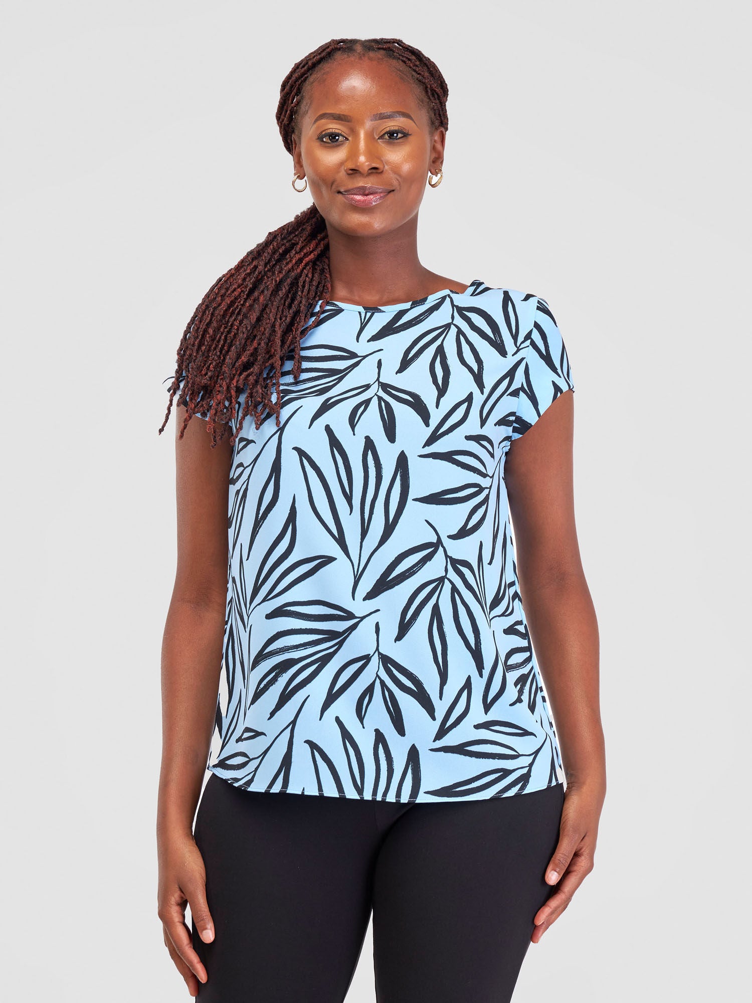 Vivo Basic Crepe Cap Sleeved Top - Light Blue Kasai Print