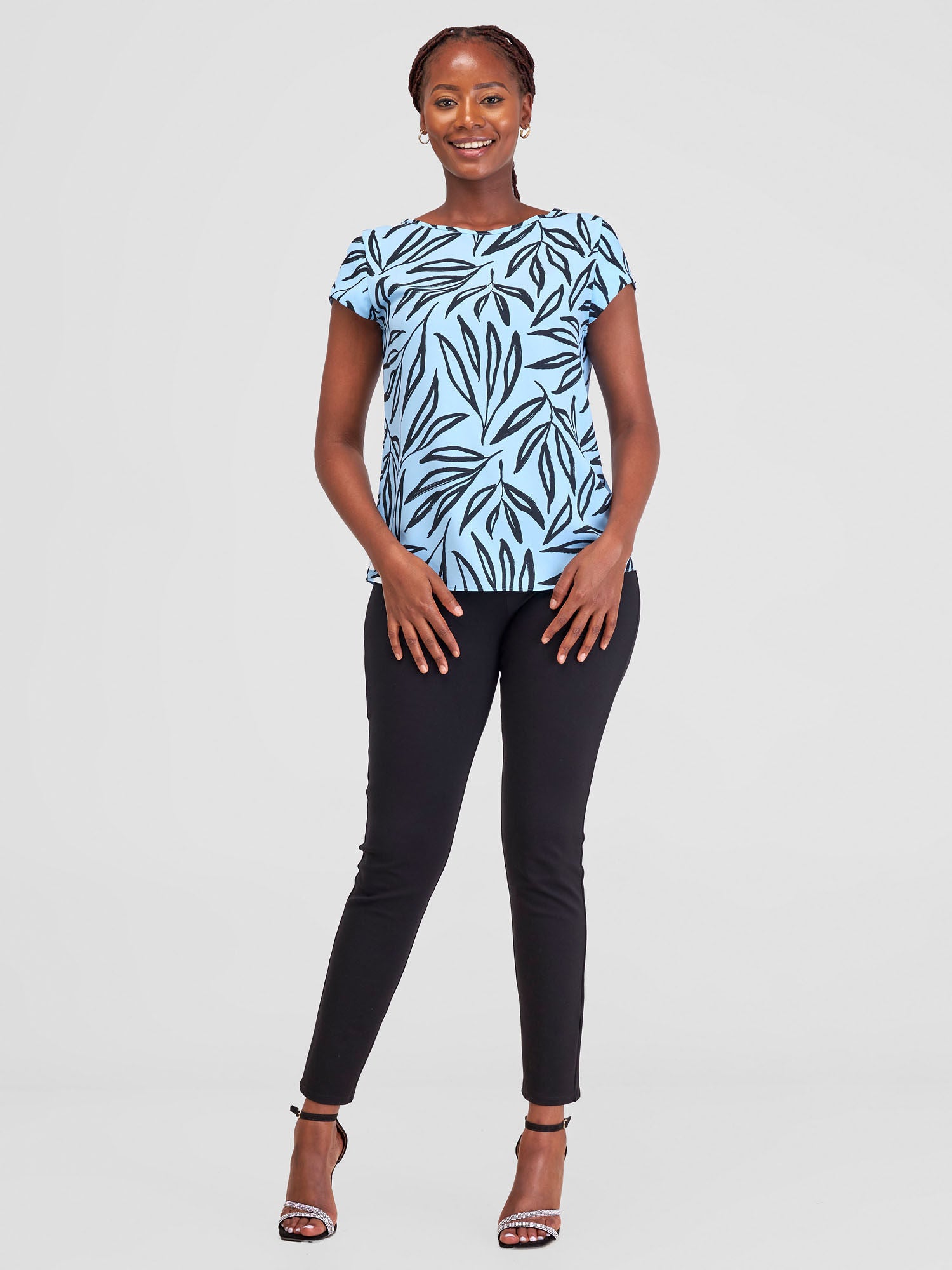 Vivo Basic Crepe Cap Sleeved Top - Light Blue Kasai Print