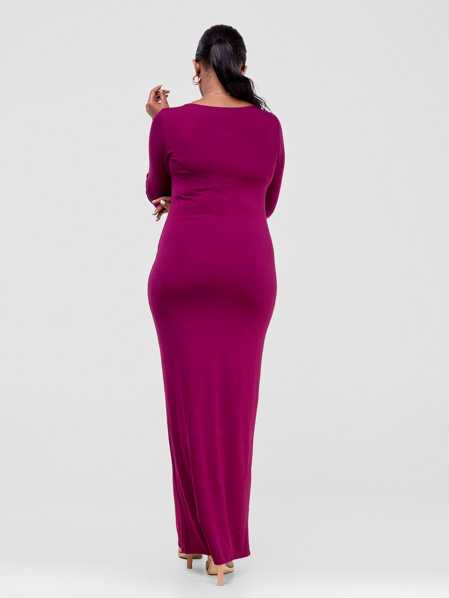 Vivo Basic Long Sleeve Straight Maxi Dress - Burgundy