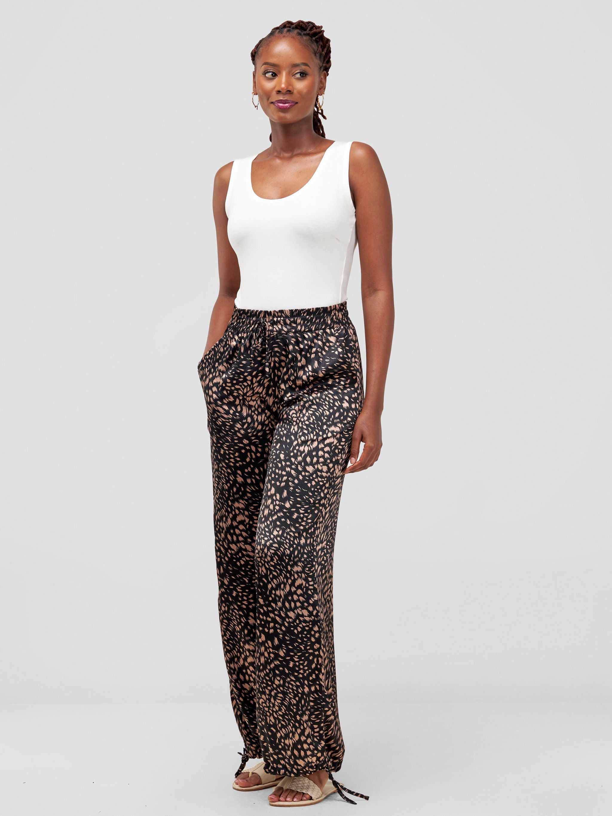 Vivo Satin Drawstring Pants - Taupe /Black