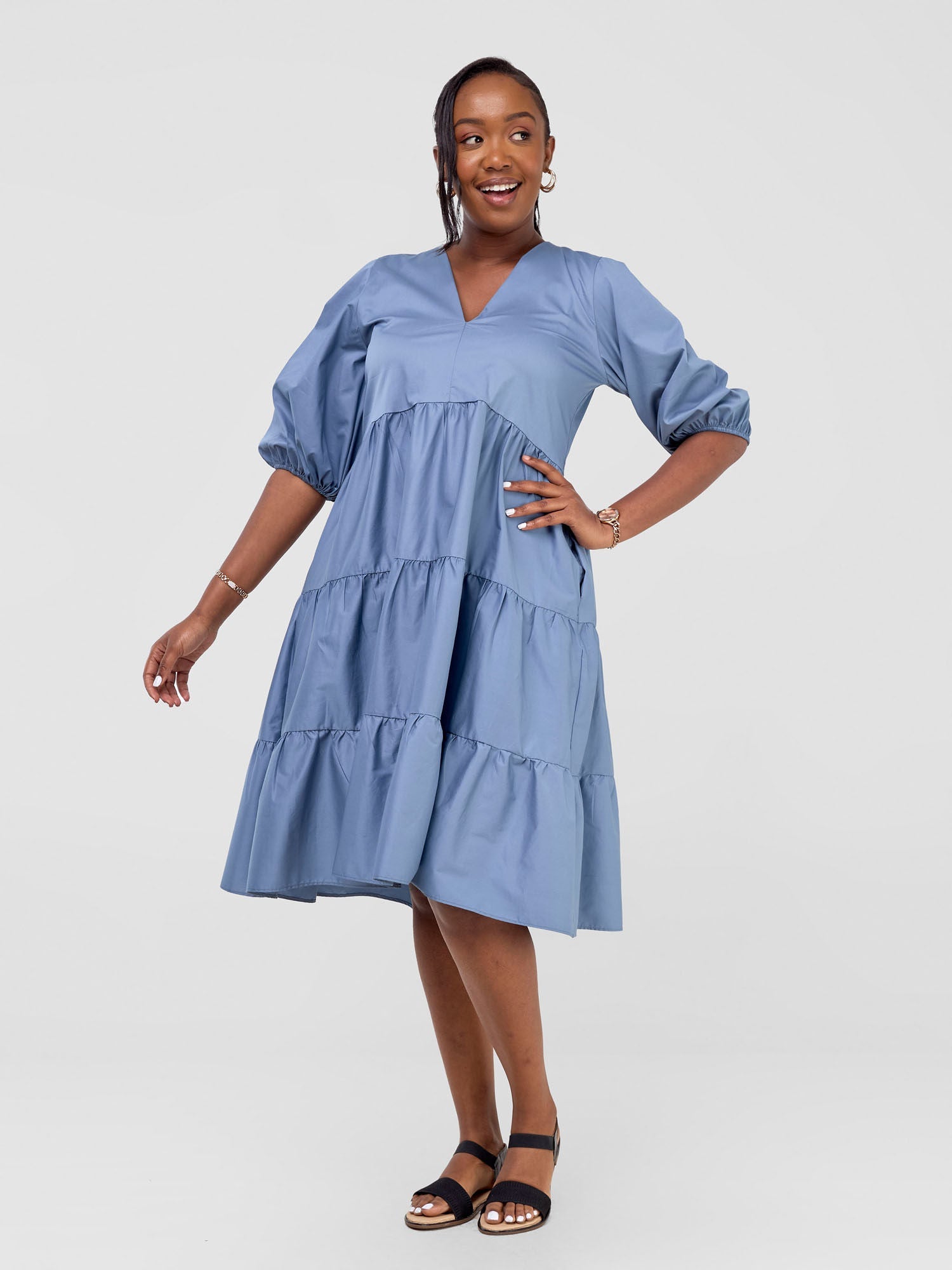 Safari Tawi Bishop Sleeve Tiered Dress - Blue