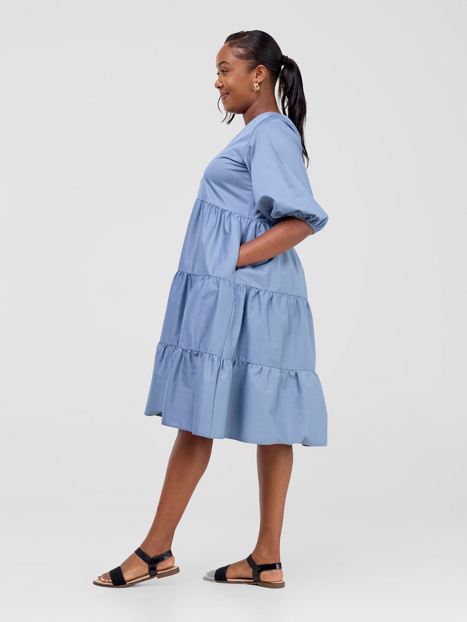 Safari Tawi Bishop Sleeve Tiered Dress - Blue