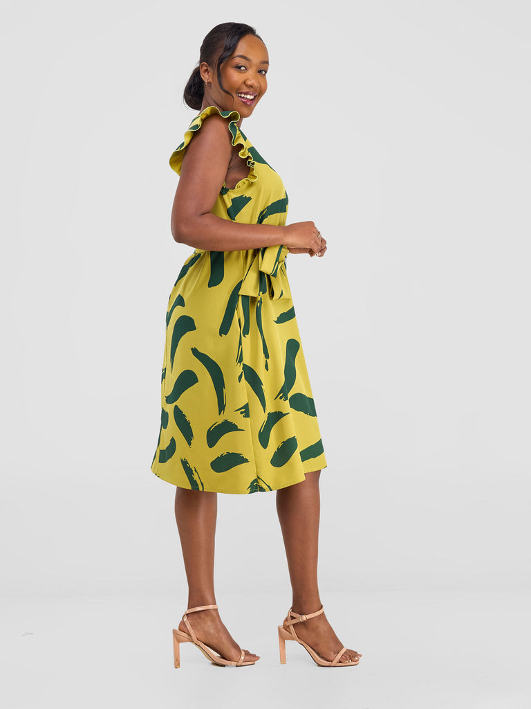 Vivo Nasinka A-line Knee Length Dress - Olive / Dark Green Print