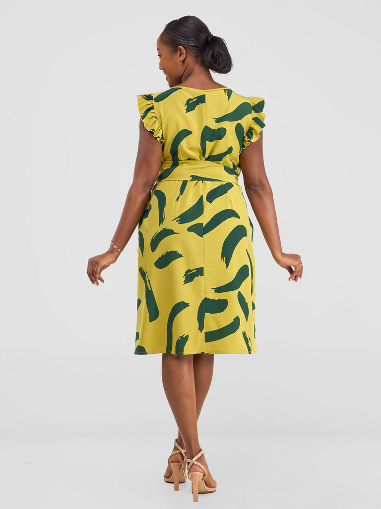 Vivo Nasinka A-line Knee Length Dress - Olive / Dark Green Print