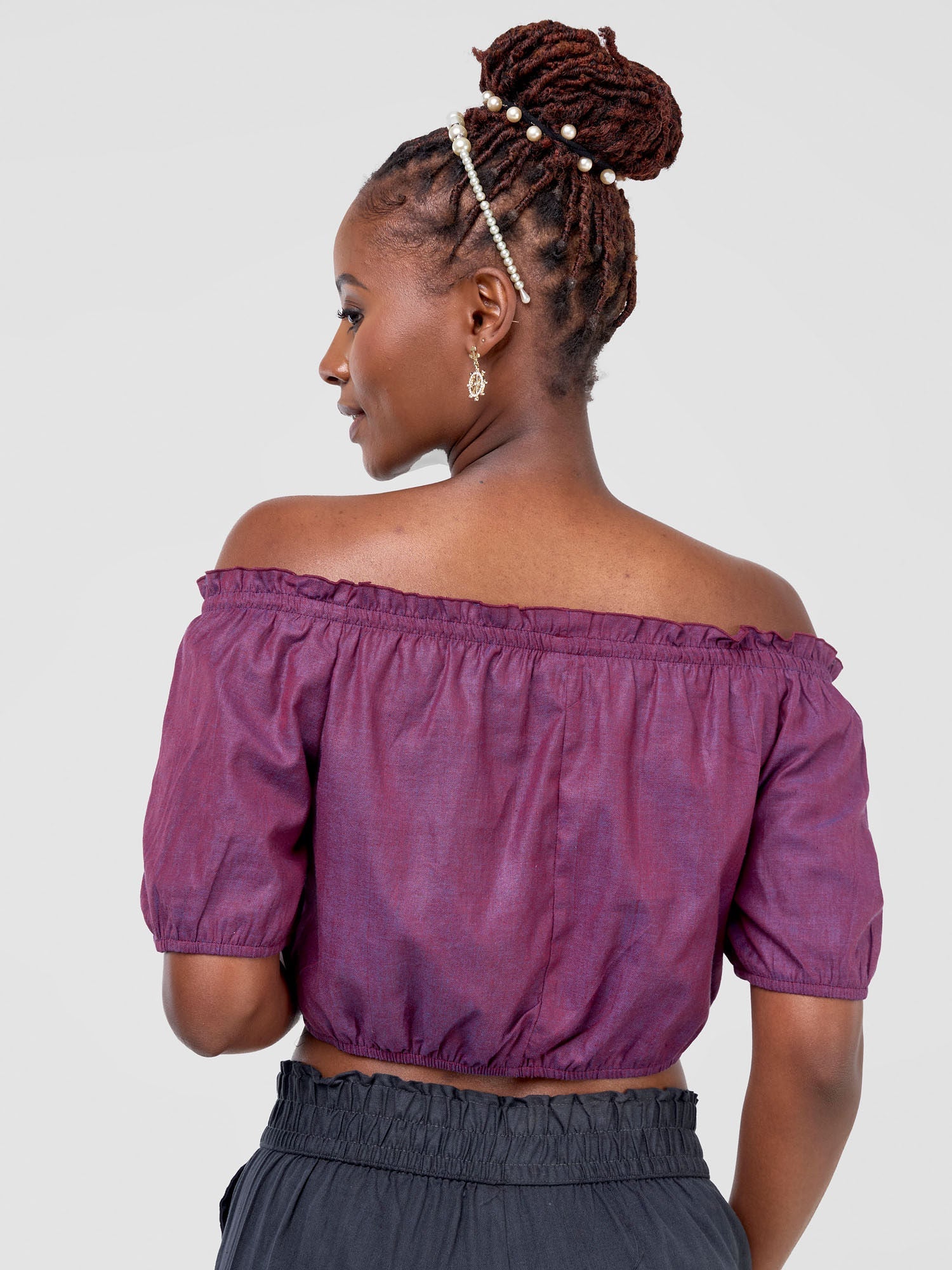 Safari Kikoy Off Shoulder Crop Top - Maroon Print