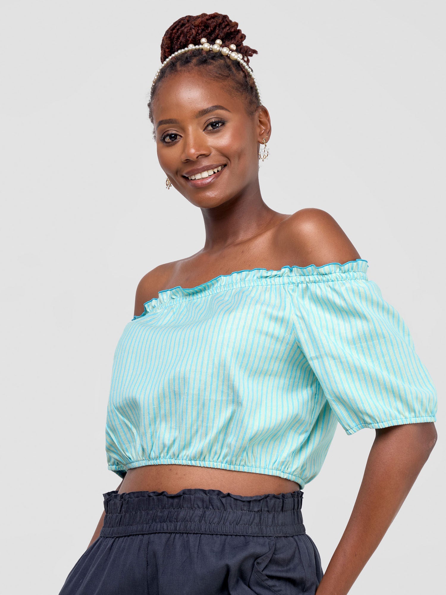 Safari Kikoy Off Shoulder Crop Top - Light Blue Print